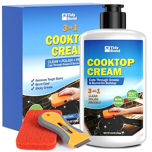 Glass Cooktop Cleaner & Polish Kit – Heavy Duty Stove Top Cleaner with Scraper & Scrubbing Pad, Removes Burnt-On Food, Grease & Tough Stains, Safe for Induction, Electric & Ceramic Cooktops – 8.8 oz