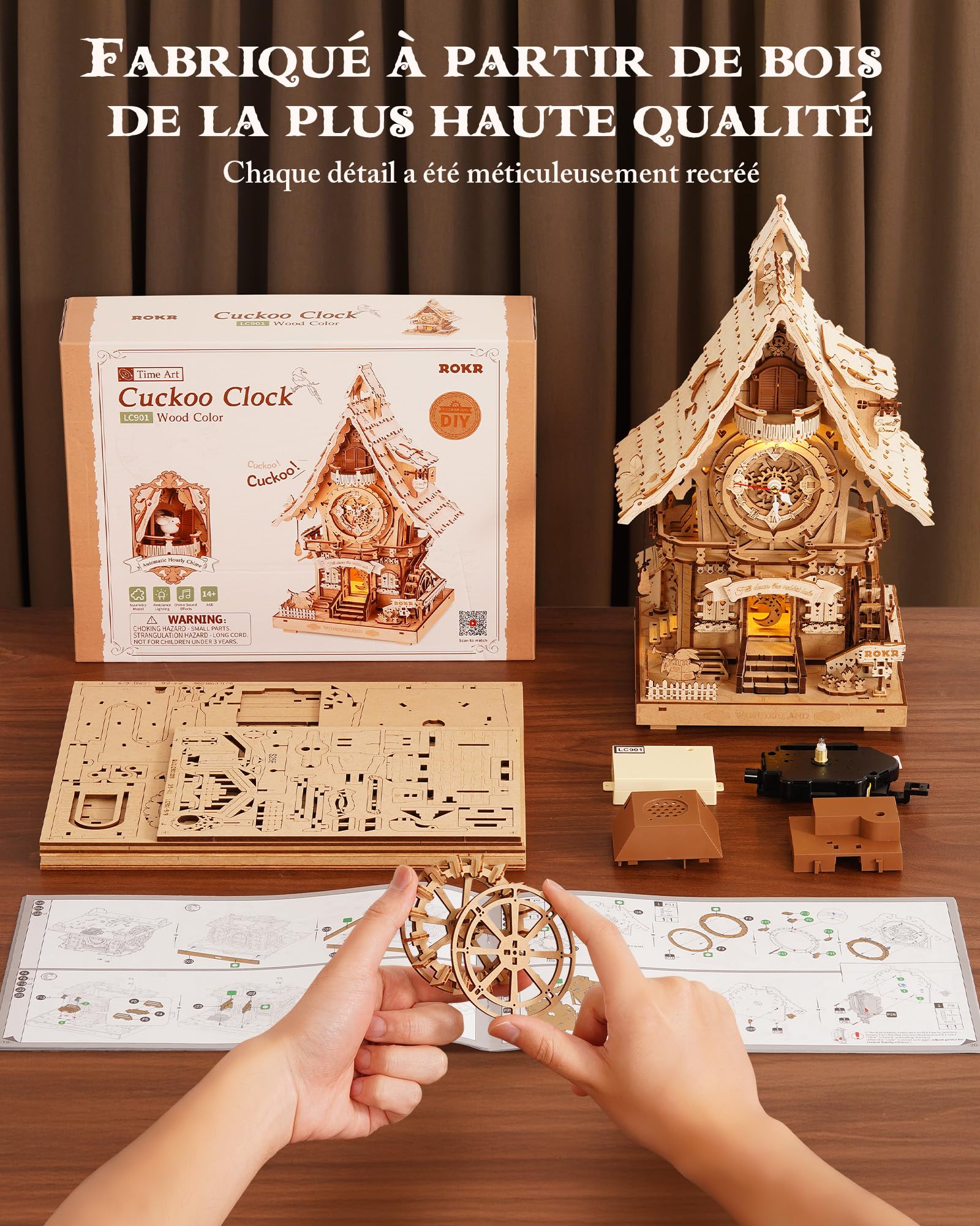 ROKR Puzzle 3D Horloge à Coucou, Maquette en Bois a Construire Kits de Maquettes, Puzzle 3D Cadeaux Artisanaux et décoration pour Adultes, Cuckoo Clock Couleur du Bois, LC901