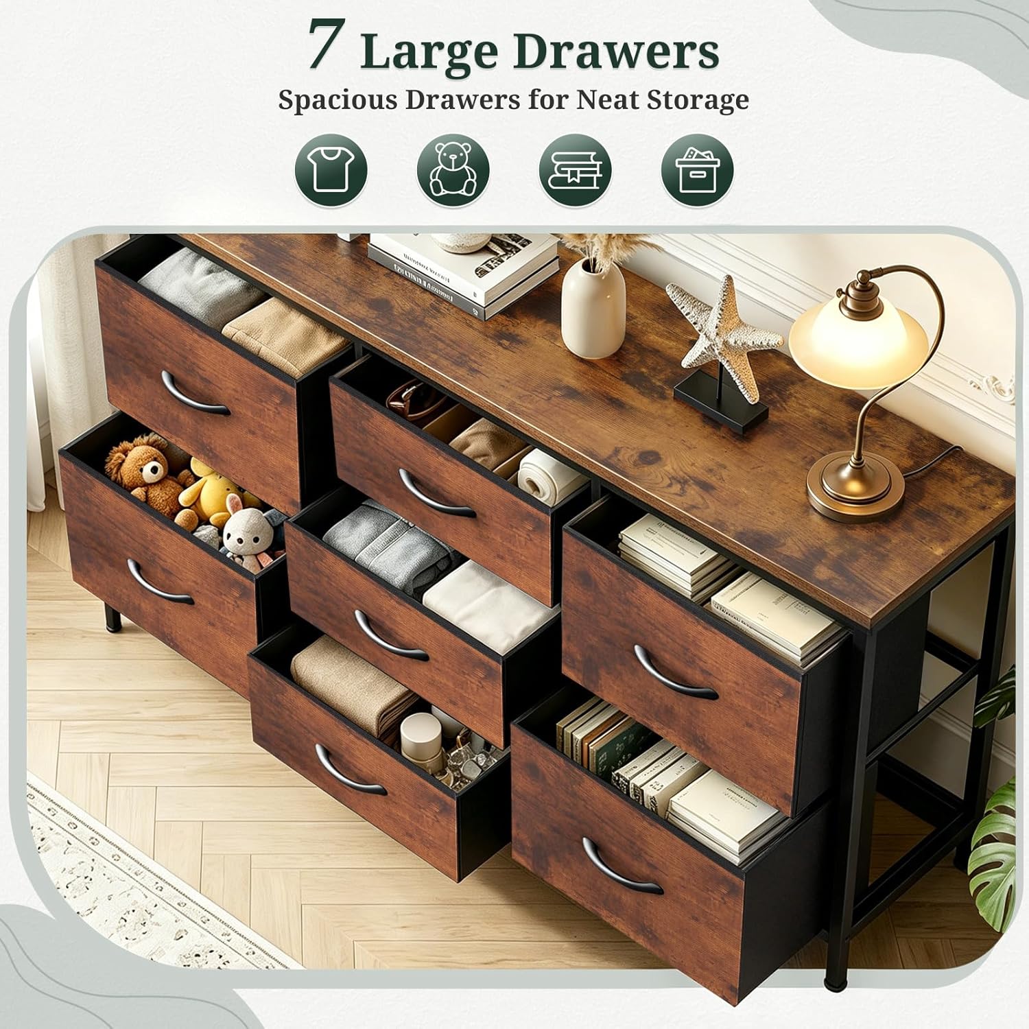 TV Stand, 7 Fabric Drawers Dresser Entertainment Center for TV up to 55 inch Wooden Media Console Table Storage Organizer for Living Room, Bedroom, Brown