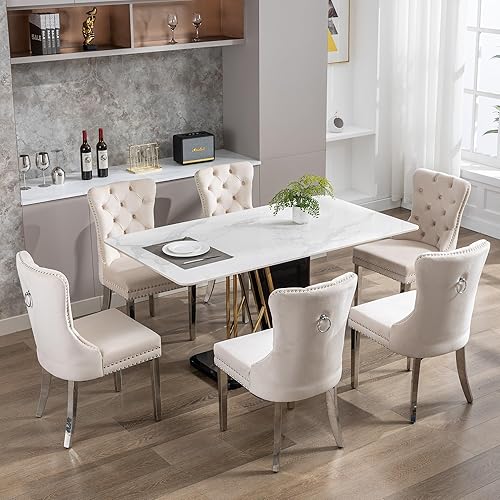 Miniatura 104 de Juego de 2 sillas de comedor, sillas de terciopelo copetudas con patas de acero inoxidable doradas, anillo de metal con ribete de remache, respaldo