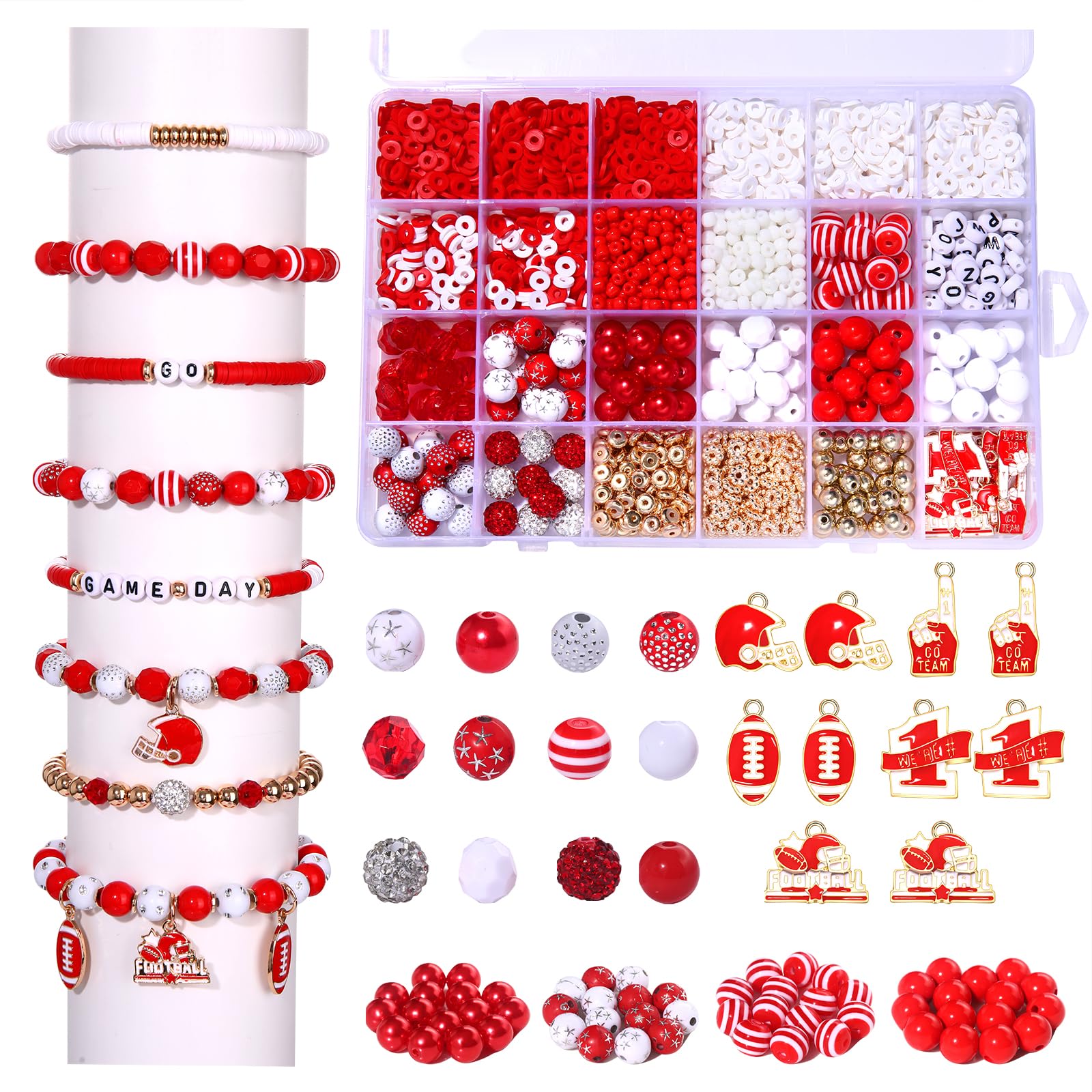 HSWE Game Day Beads for Bracelets Making Kit,Red White Heishi Clay Pearl Letter Assorted Round Beads Gold Spacer Beads with Football Charms for DIY