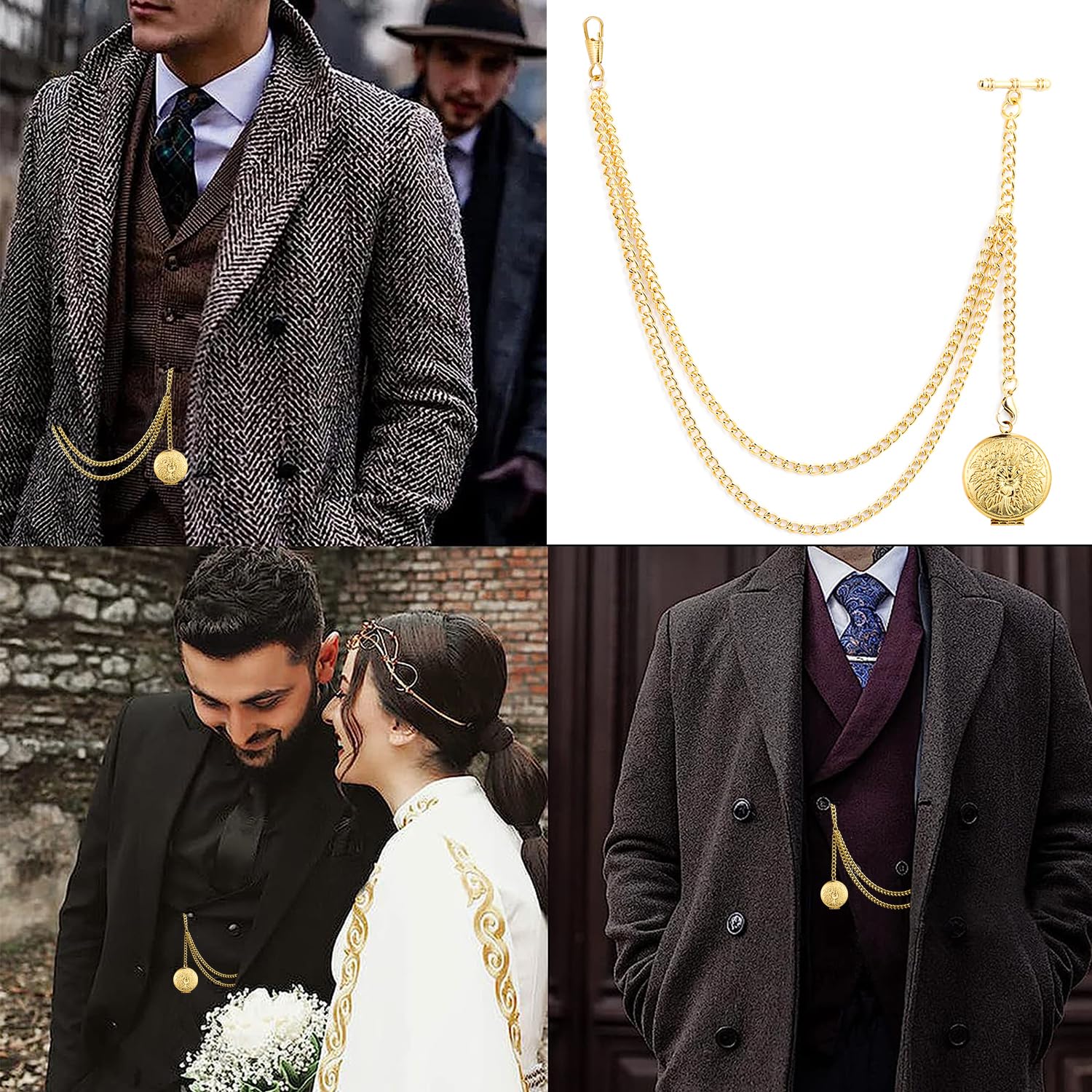 ManChDa Pocket Watch Albert Chain Pocket Watch and Chain, T-Bar Chain with Compass Pendant, Curb Link Chain 2 Hook Antique Fob T Bar for Men…