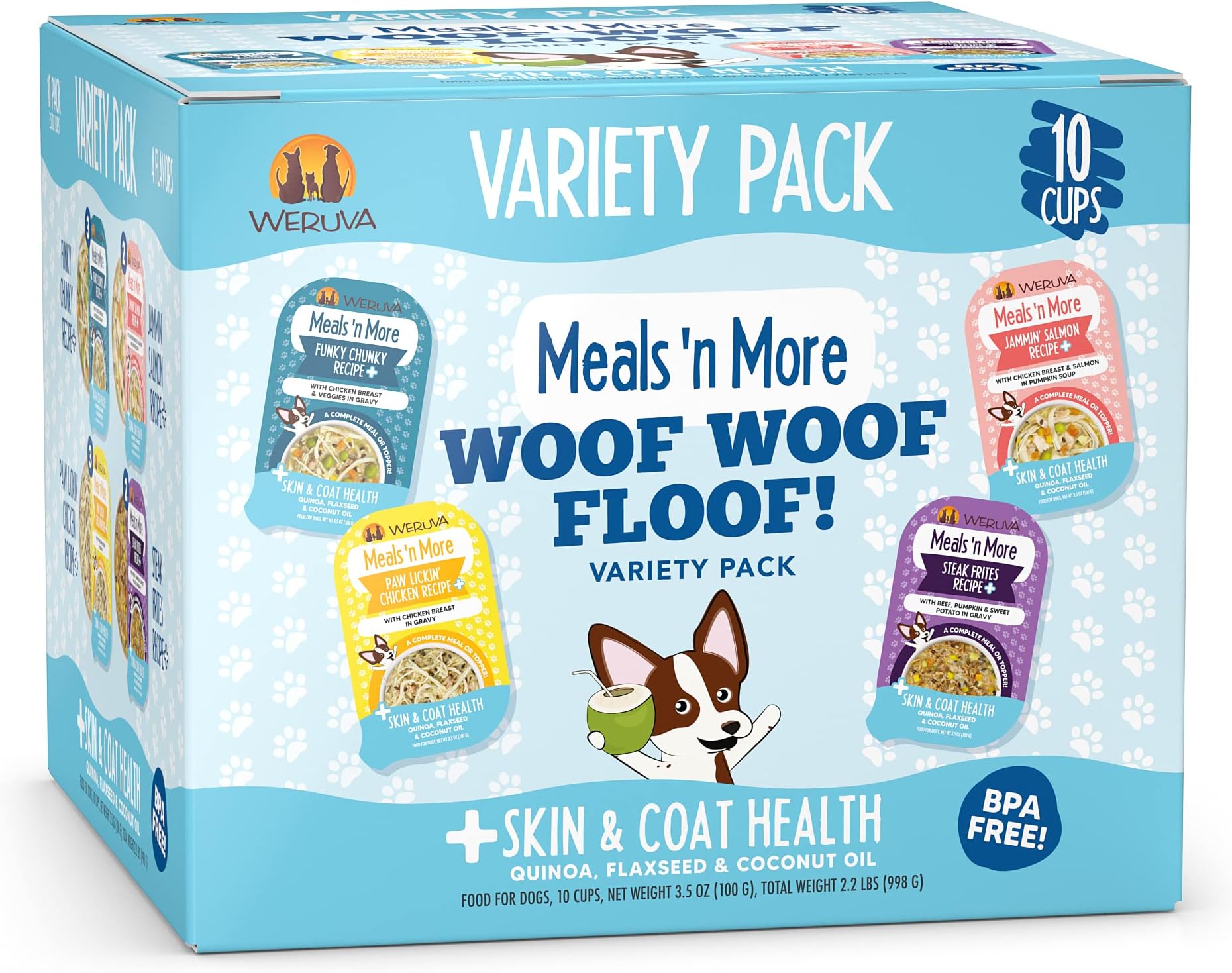 Meals 'n More Natural Wet Dog Food, Woof Woof Floof! Skin & Coat Health Variety Pack, 3.5oz Cup (Pack of 10)