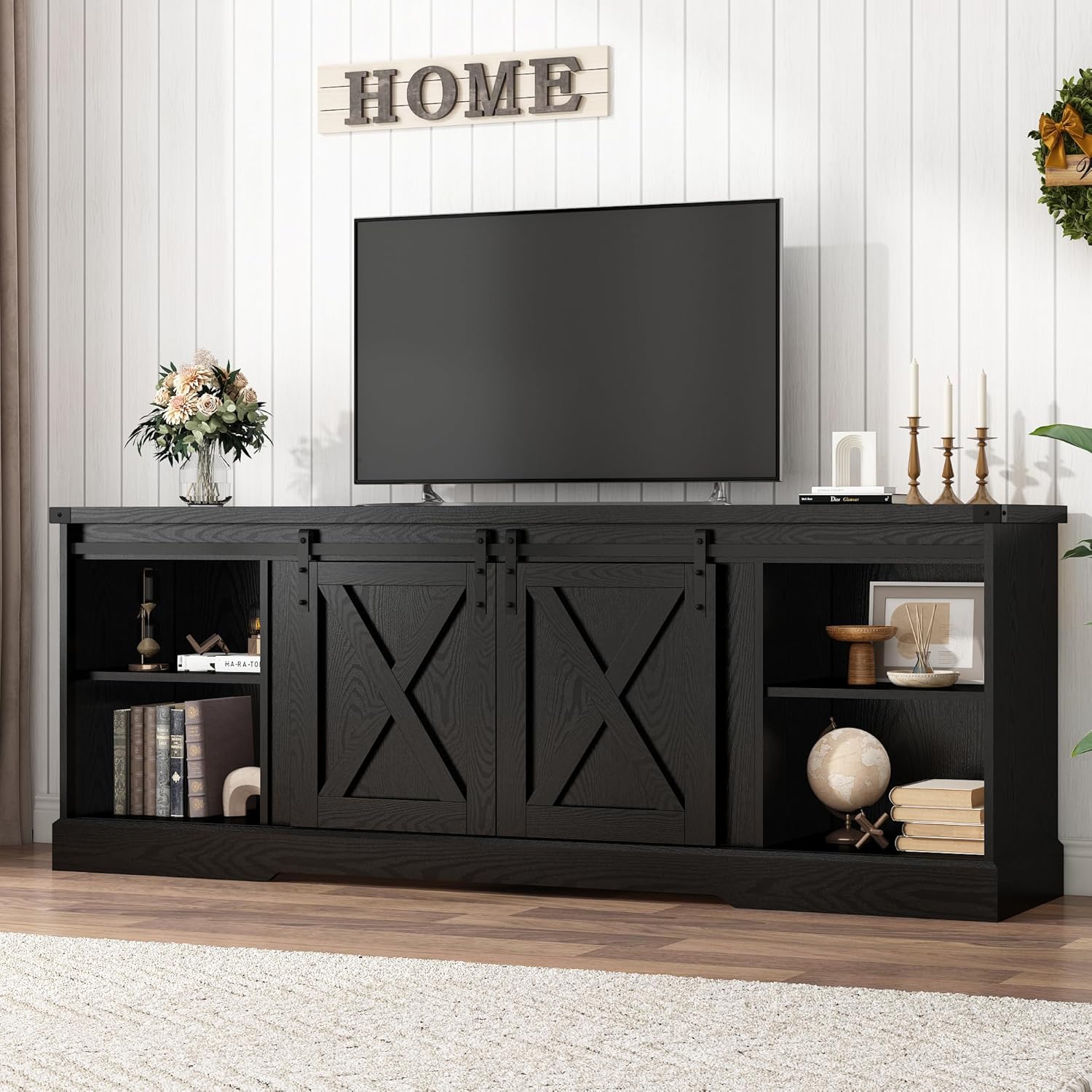 Farmhouse TV Stand for 70/75/80 Inch TV, 70 inch Entertainment Center Storage Cabinets with Sliding Barn Doors, Media Console Cabinet for Living Room, Black