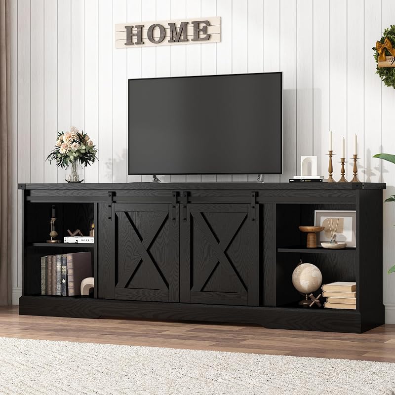 Hlivelood Farmhouse TV Stand for 70/75/80 Inch TV, 70 inch Entertainment Center Storage Cabinets with Sliding Barn Doors, Media Console Cabinet for Living Room, Black