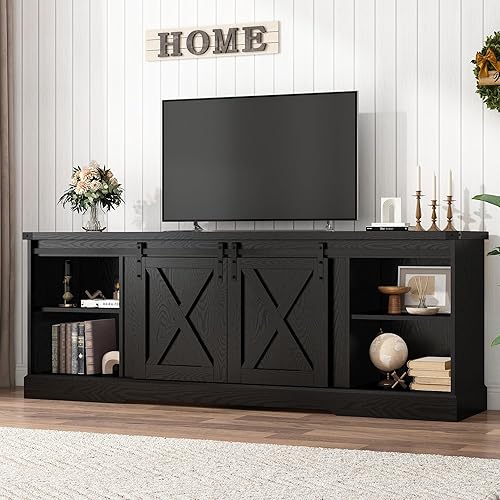 Hlivelood Farmhouse TV Stand for 70/75/80 Inch TV, 70 inch Entertainment Center Storage Cabinets with Sliding Barn Doors, Media Console Cabinet for Living Room, Black