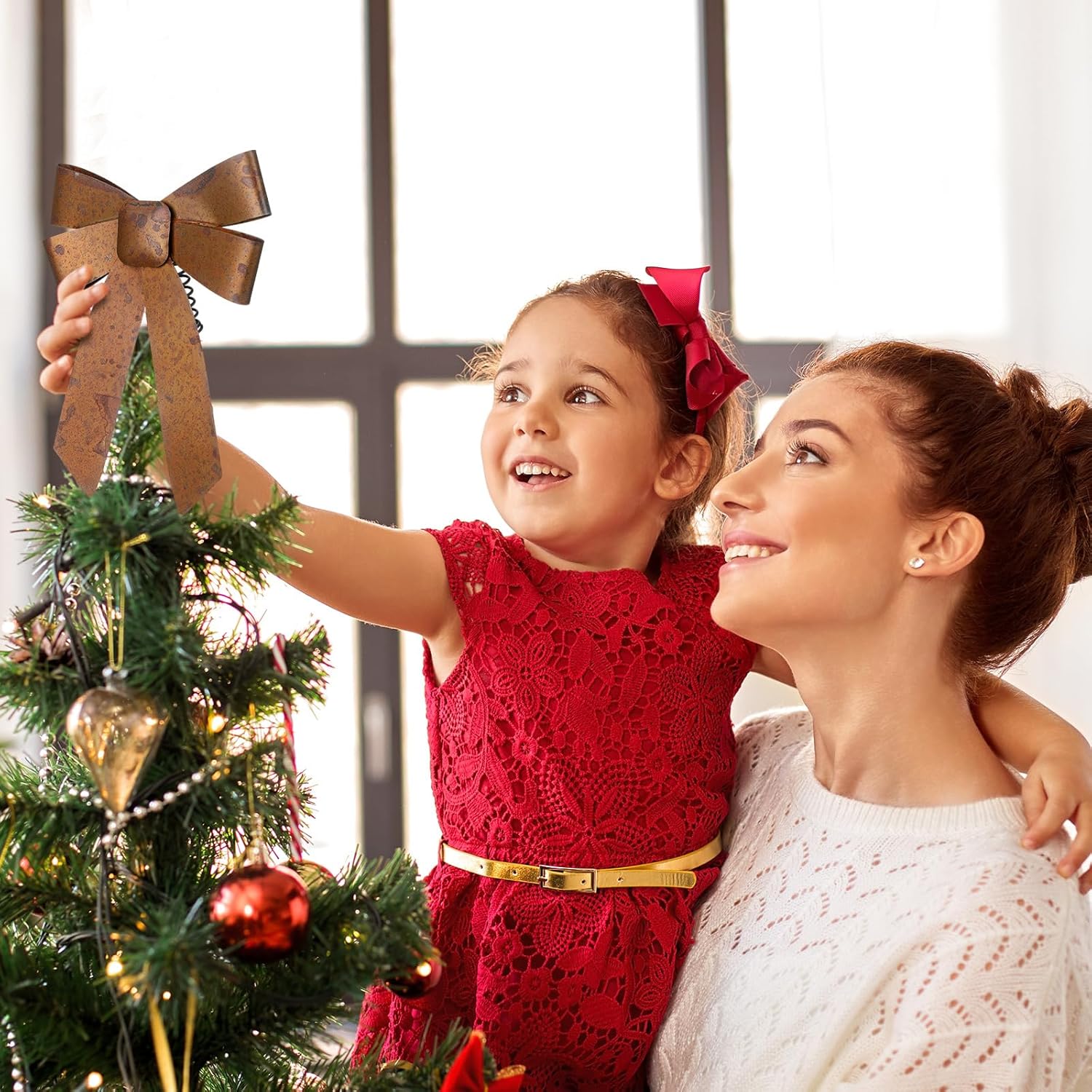 Sumind 10 Inch Rustic Christmas Metal Bow Tree Topper Gold Rusty Bow Ornaments Farmhouse Christmas Tree Topper Vintage Metal Xmas Bows for Home Indoor Outdoor Party Decorations Party