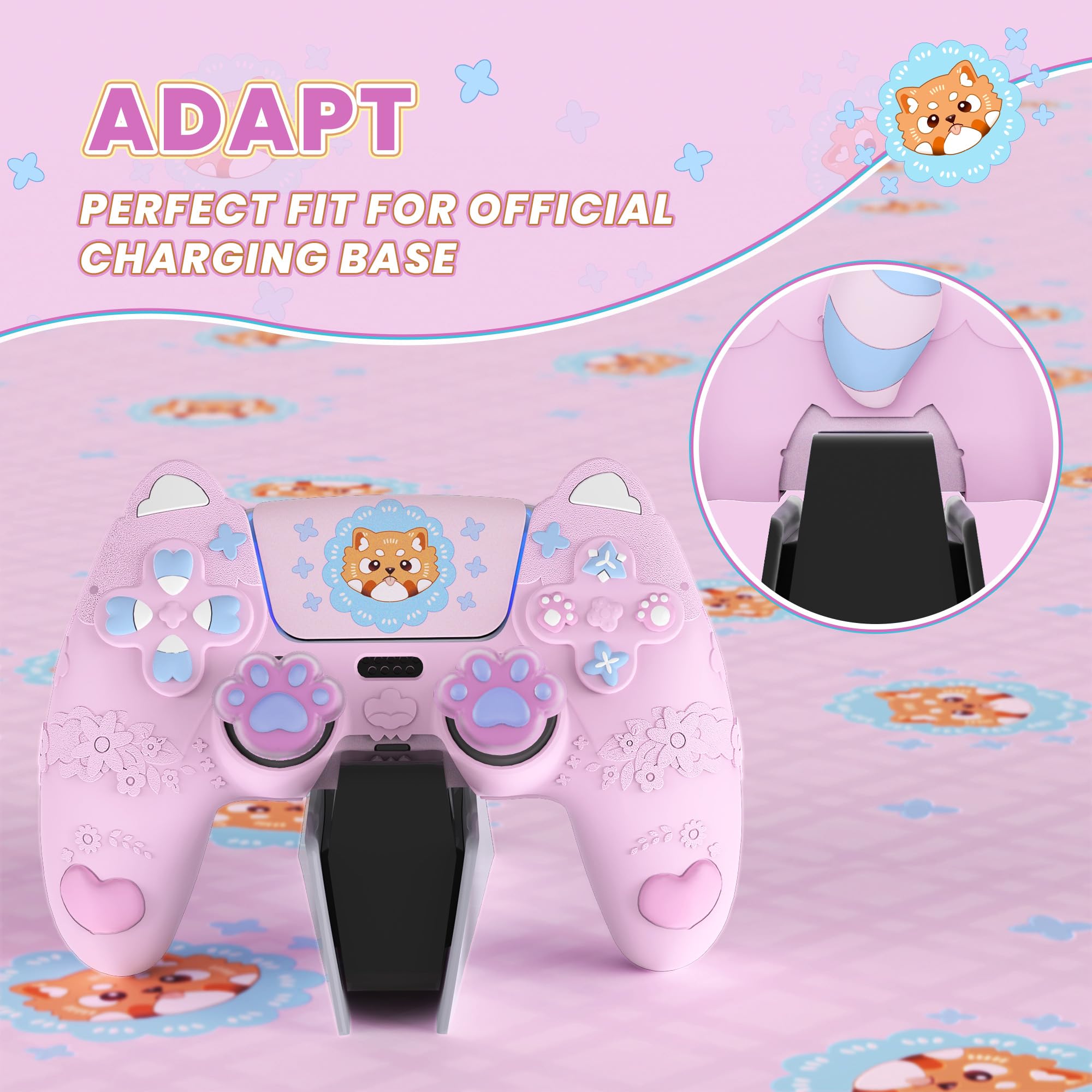 PlayVital Kawaii Funda de Silicona para ps5 Mando - Diseño de Panda Rojo Primaveral, con Tapas de Joystick y Pegatina, Antideslizante y Antigolpes, Compatible con Estación de Carga (Rosa Dulce)