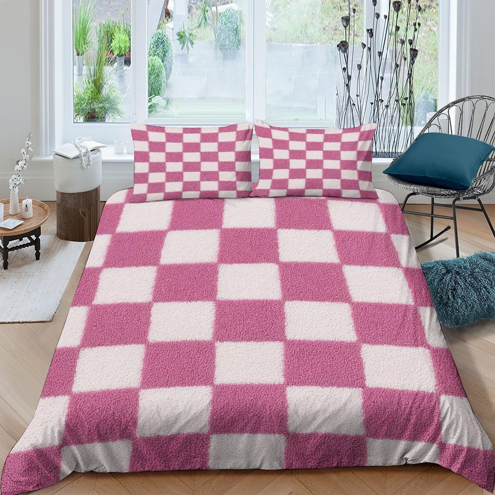 Ctjqhvkz Style-8 3D Printed Pink Checker Fitted Sheet Microfiber Soft Bedroom Decor Beige Square Mattress Cover For Home Dorm Single（135X200cm）