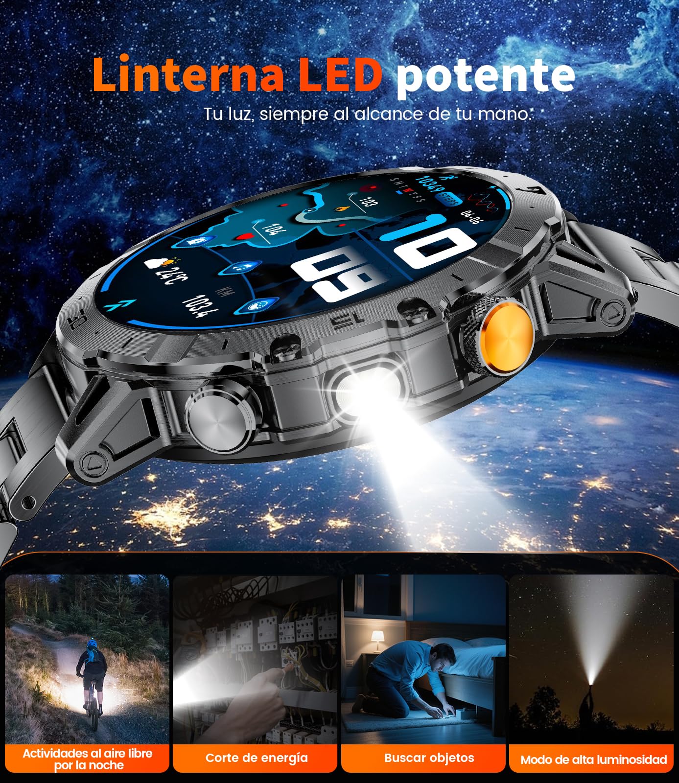Reloj Inteligente Hombre con 1000 mAh/LED Linterna/Llamada Bluetooth, 1,7'' Smartwatch Militar con 110+ Modos Deportivos,Impermeable, Frecuencia Cardíaca, Android iOS, 3 Pulseras+2 Cargadores,EF18-A