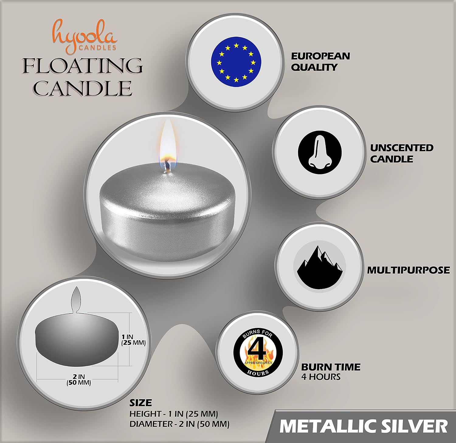 Hyoola Premium Metallic Silver Floating Candles 2 Inch - 4 Hour Burn Time - Made in Europe - 10 Pack