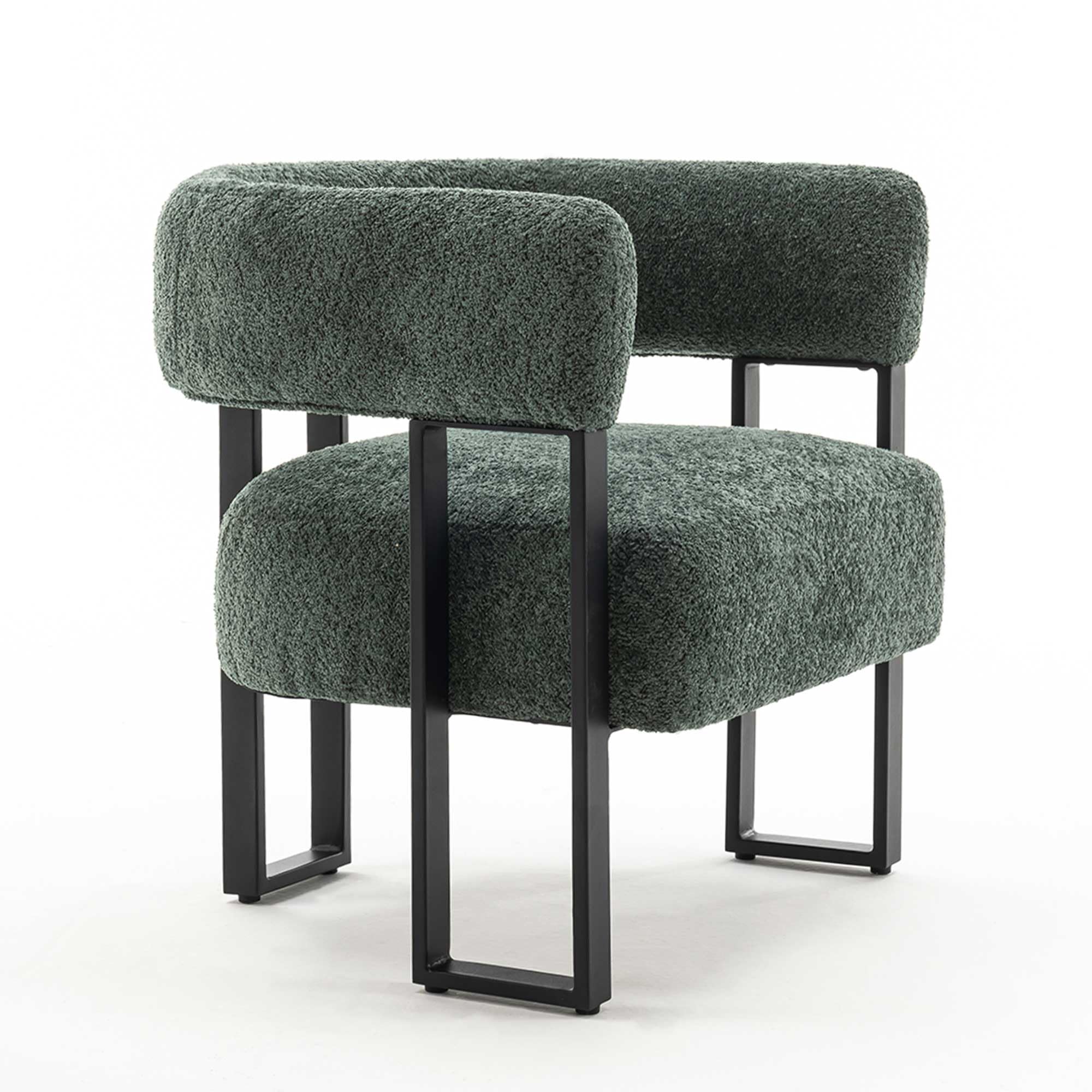 YOUNIKE Accent Chair Green Upholstered Teddy Velvet Single Sofa Modern Corner Round Padded Armrest Club Boucle Armchair for Living Room Bedroom Office Hotel Lounge Nursery Apartment Black Metal Stand