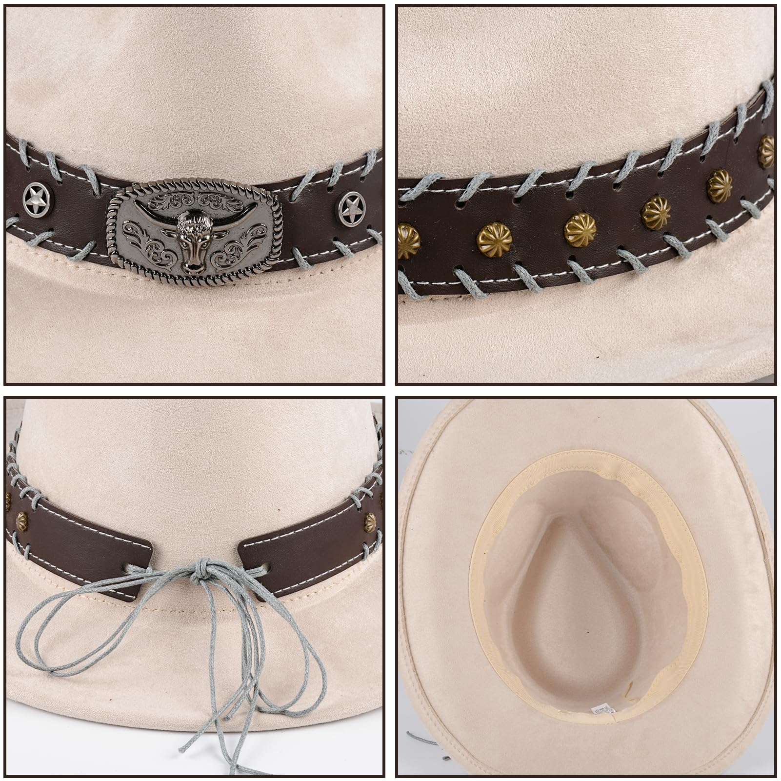 Cappello da cowboy Western per uomo e donna, elegante cappello in suede Panama regolabile, morbido cappello da cowgirl per attività all'aperto, con bordo ampio in bianco
