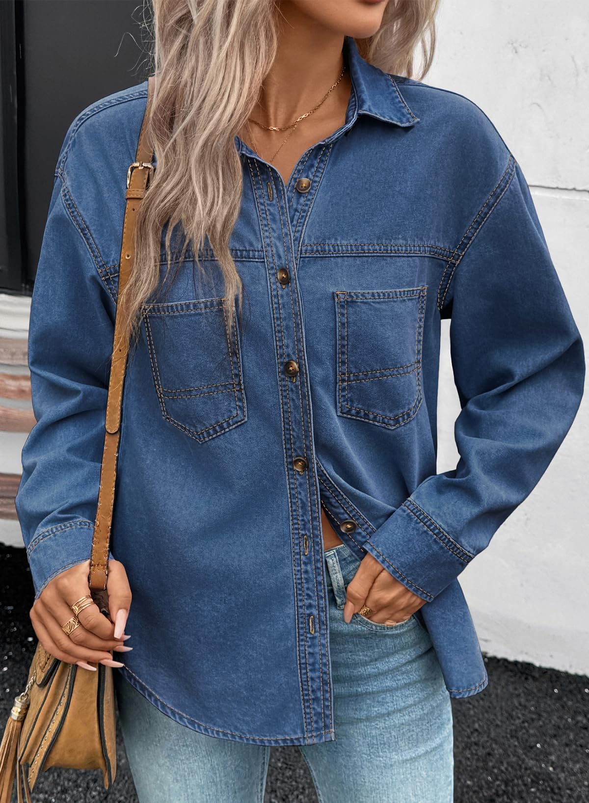 Sidefeel Women Denim Shirts Oversized Long Sleeve Button Down Blouse V Neck Casual Top Shackets
