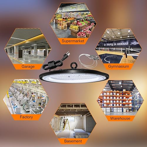 Miniatura 7 de Juyace UFO LED High Bay Shop Light 200W con enchufe de EE. UU., adaptador de corriente duradero con certificación ETL, 5000 K, iluminación comercial