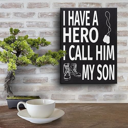 Miniatura 7 de JennyGems Letrero de madera con texto en inglés "I Have a Hero I Call Him My Son", regalo patriótico militar para mamá y papá, orgulloso papá