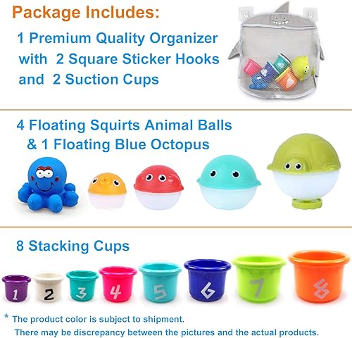 Miniatura 2 de MoraBaby Juguetes apilables de baño para bebés con bolsa organizadora, 8 juguetes de taza apilable, 4 bolas de animales apilables y 1 pulpo azul