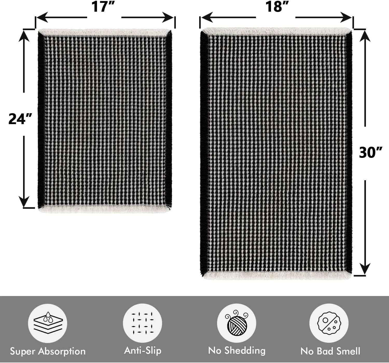 miulee set of 2 waffle bathroom rugs, boho bath rugs non slip washable, super absorbent bath mats, ultra soft rubber backed shower mats for bathroom floor, tub, black & cream, 17"x24"+18"x30" black & cream waffle 17''x24'' + 18''x30''