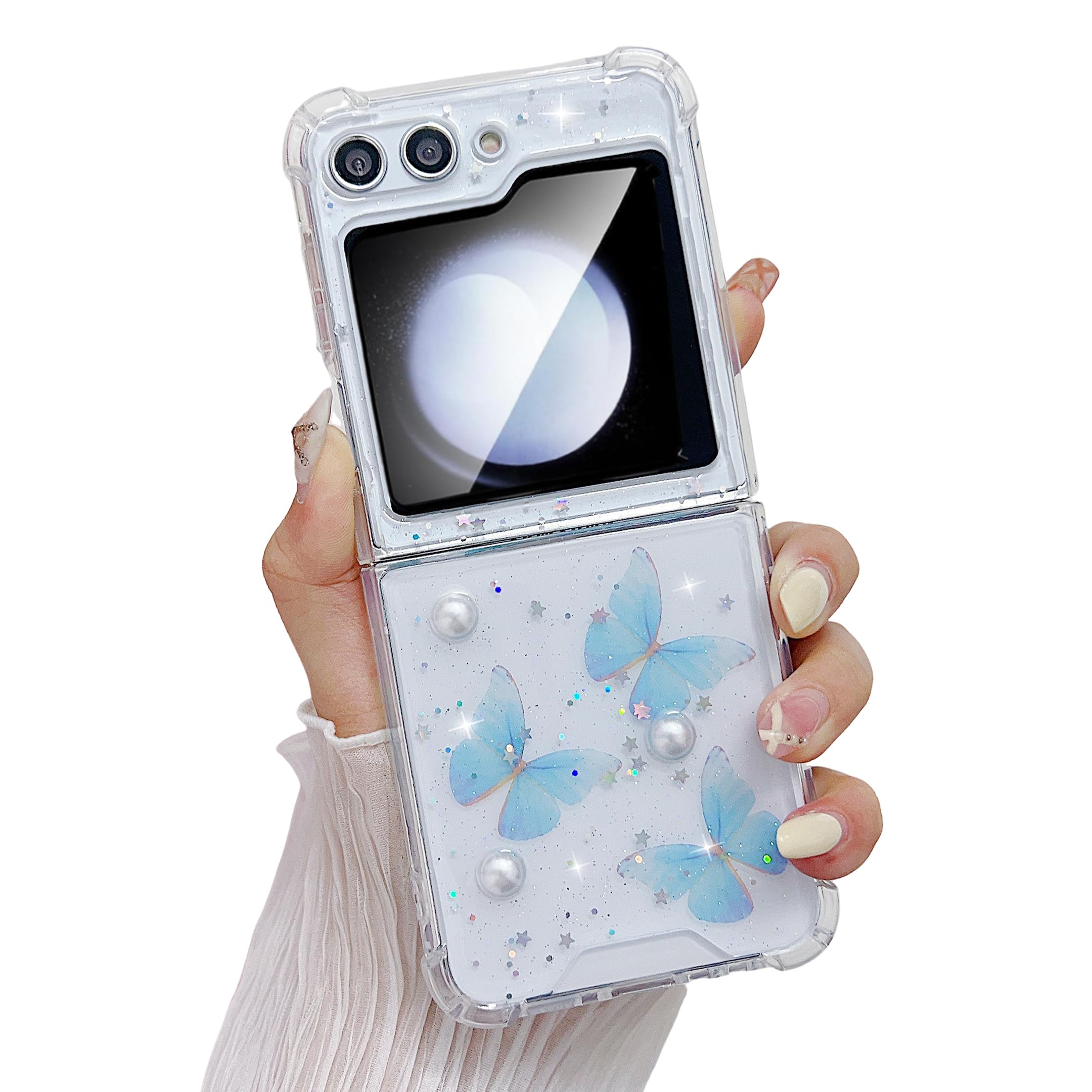 HJWKJUS for Samsung Galaxy Z Flip 5 Case,Cute Bling Glitter Sparkly Butterfly Design Slim TPU & PC Back Protective Shockproof Clear Case for Samsung Galaxy Z Flip 5-Light Blue