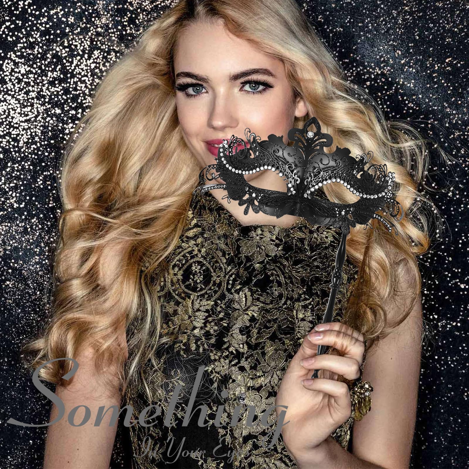 Oidea Women's Masquerade Mask with Stick: Rhinestones Deecorations Mardi Gras Venetian Mask Halloween Carnival Party Costume Ball Mask - Image 2
