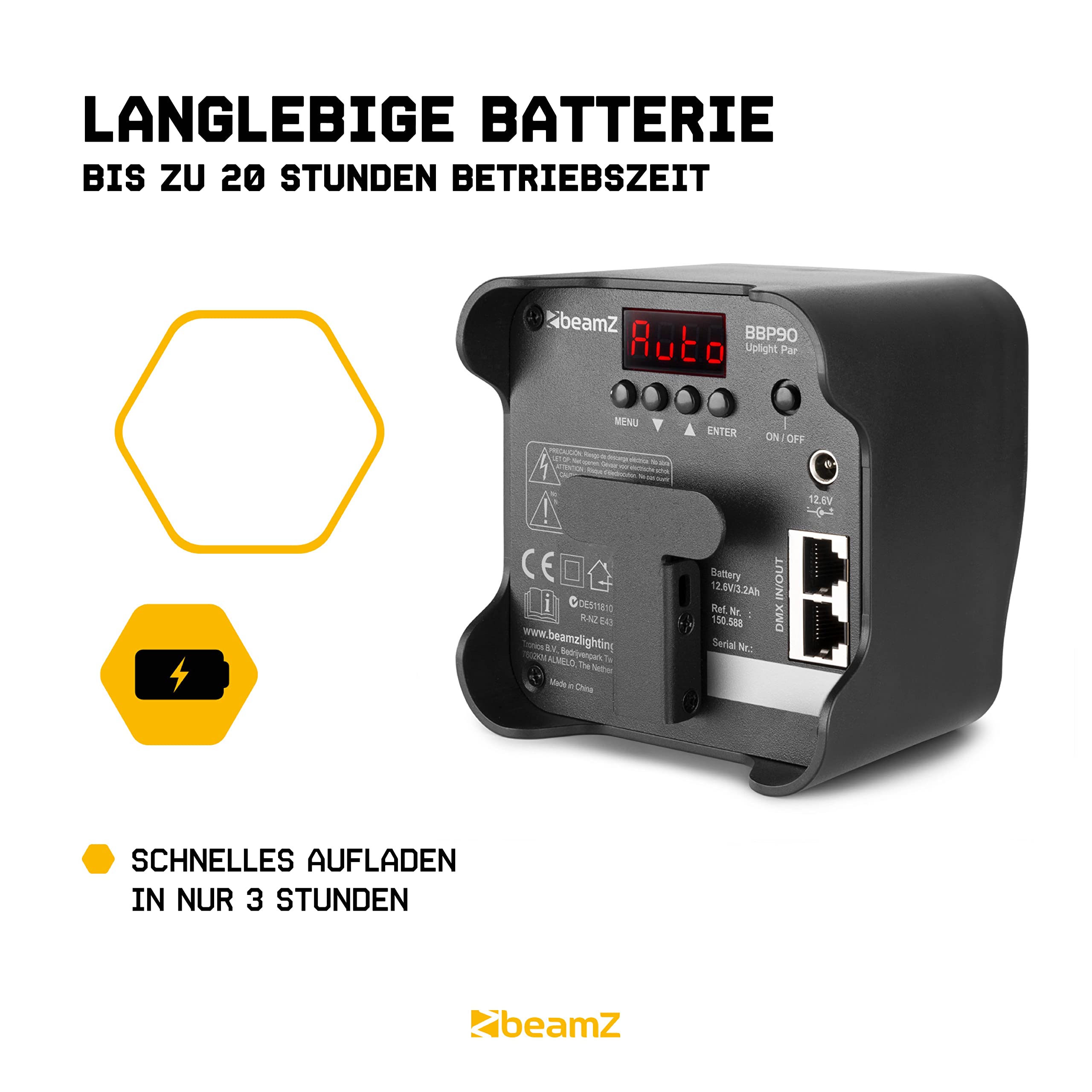 BeamZ BBP90 LED Uplight LED Par Strahler, 20h Akku, 4er Set mit Tasche, 4 x 4 Watt, Bühnenbeleuchtung Set für DJ Pult, Bühnenlicht, DMX-LAN, Partylicht Musikgesteuert, Bühnenequipment, Fernbedienung
