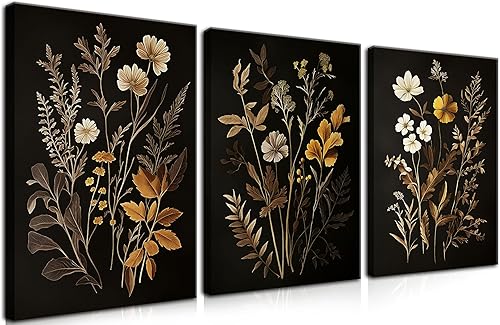 Juego de 3 lienzos de decoración de pared con flores negras vintage, hermosas impresiones en lienzo botánicas de flores silvestres, póster floral de