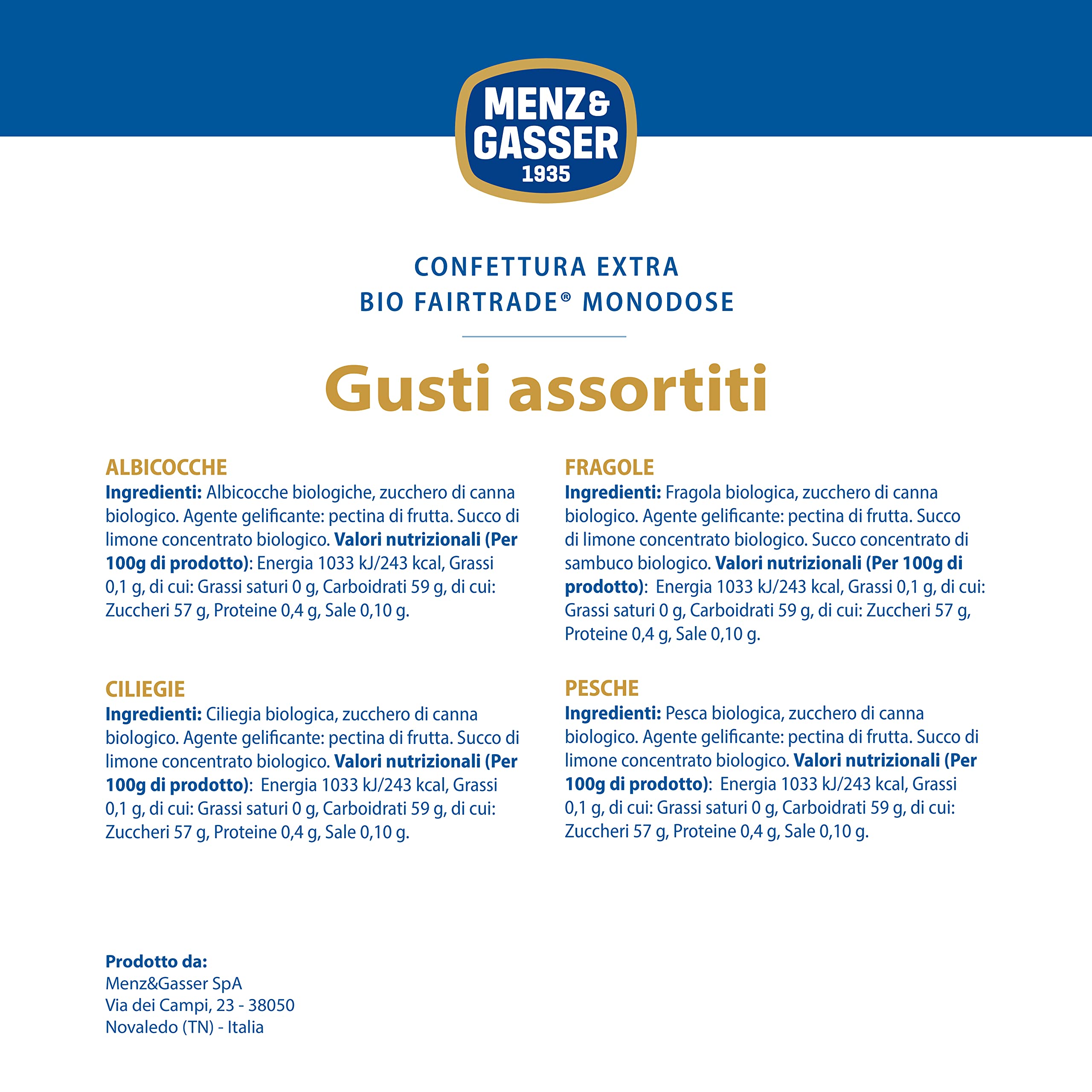 Menz&Gasser Confettura Extra Bio di Gusti Assortiti Monodose Biologica, Albicocca, Ciliegia, Fragola e Pesca, con Frutta, 100 porzioni x 20 g