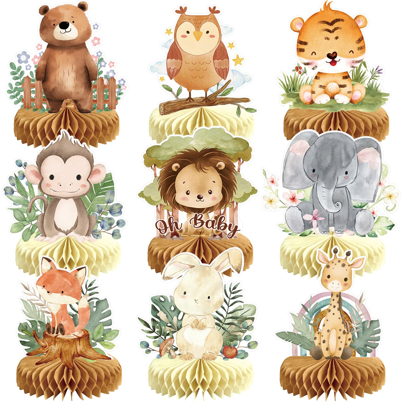 9Pcs Woodland Baby Shower Birthday Decorations Honeycomb Centerpieces, Forest Baby Shower Table Decorations Animals Birthday Party Table Centerpieces Toppers Decor