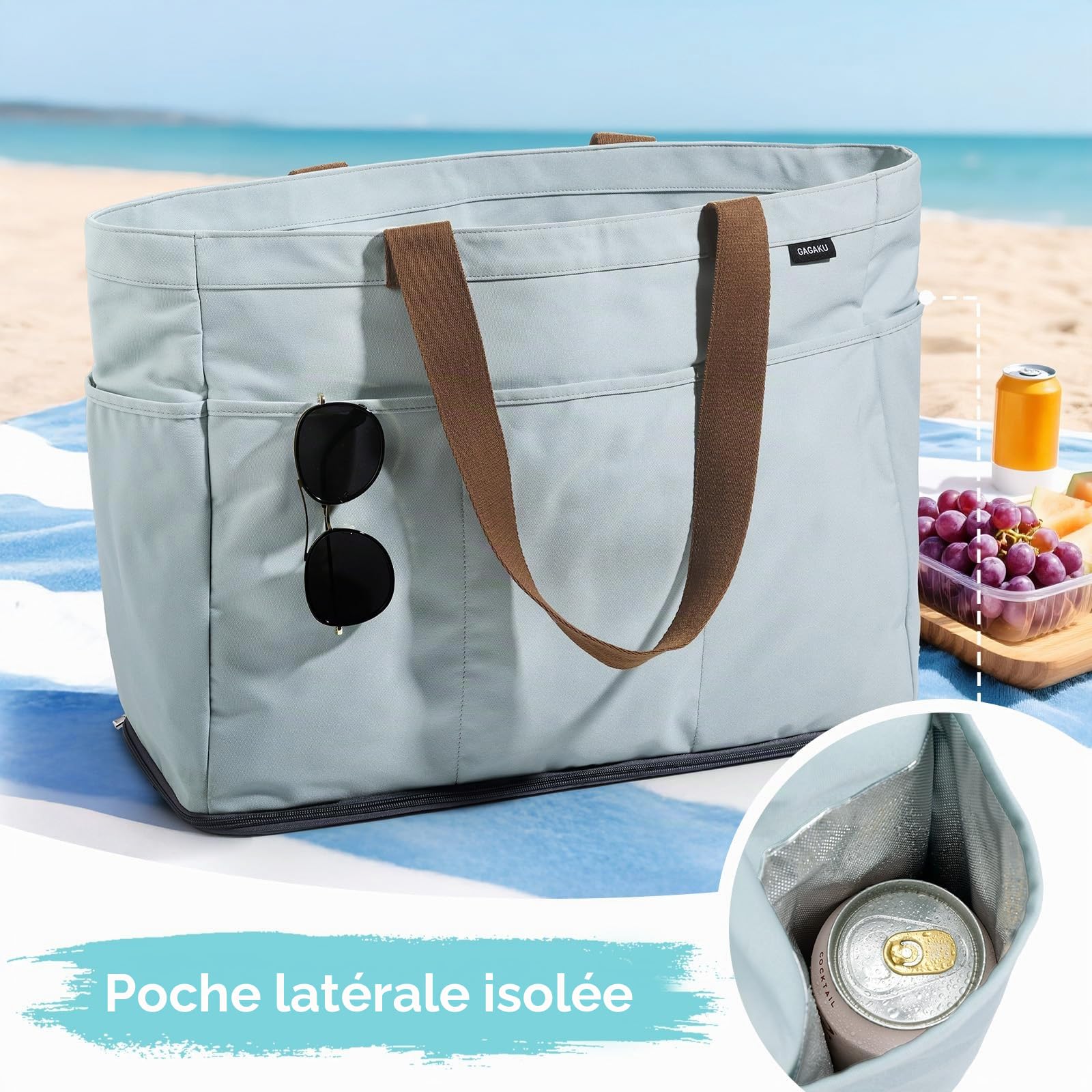 GAGAKU Sac de Plage XXL avec Compartiment Isotherme, Sac de Plage imperméable avec Fermeture éclair – Grand Sac de Bain Pliable pour Famille, Femme, Piscine, Voyage – Bleu 50 x 38 x 19 cm