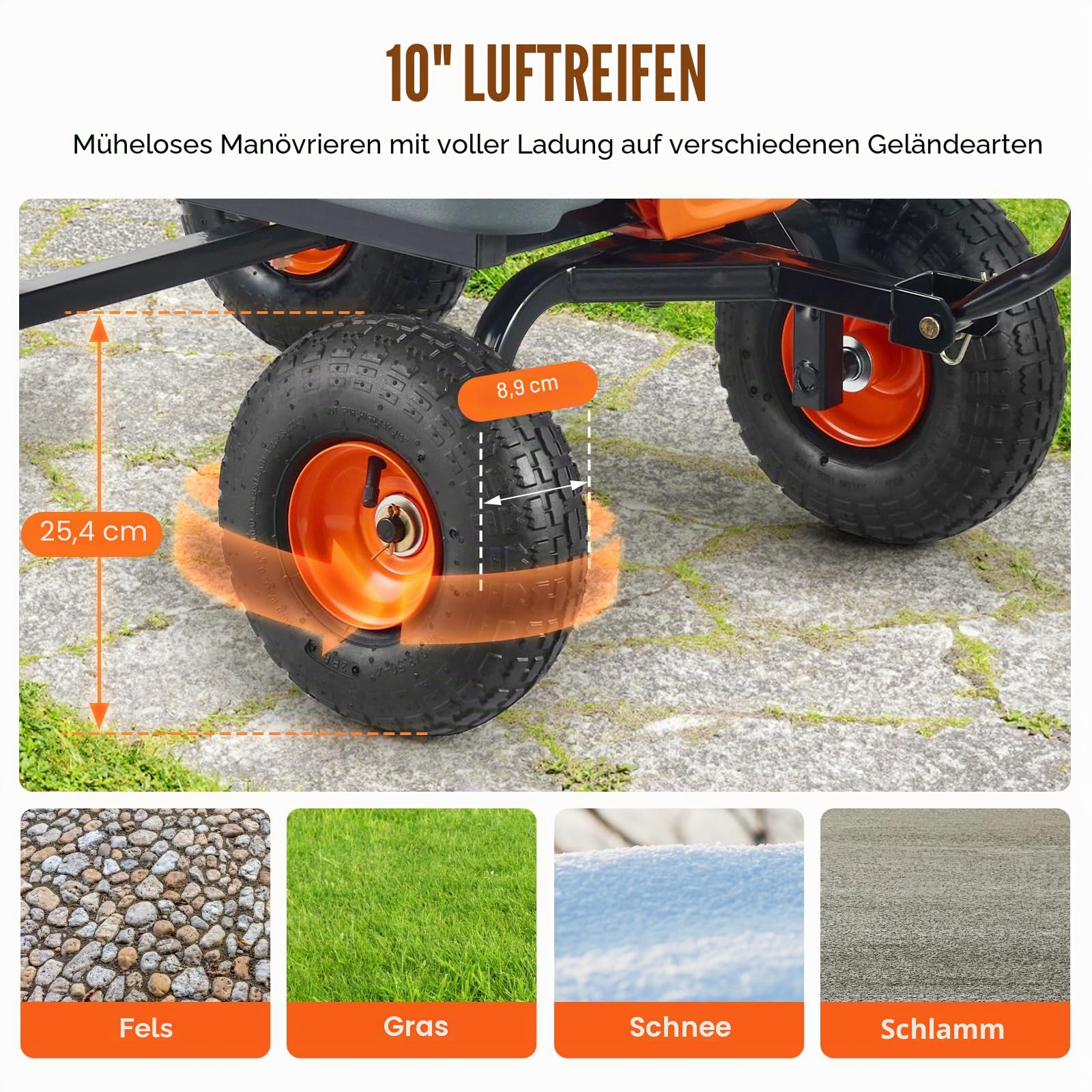 VEVOR Gartenwagen, Gartenkarre mit leicht zu montierendem Stahlrahmen, Kippbarer Transportwagen mit umwandelbarem 2-in-1-Griff, Mehrzweck-Schubkarre mit 360 kg Tragfähigkeit, 255 mm Reifen