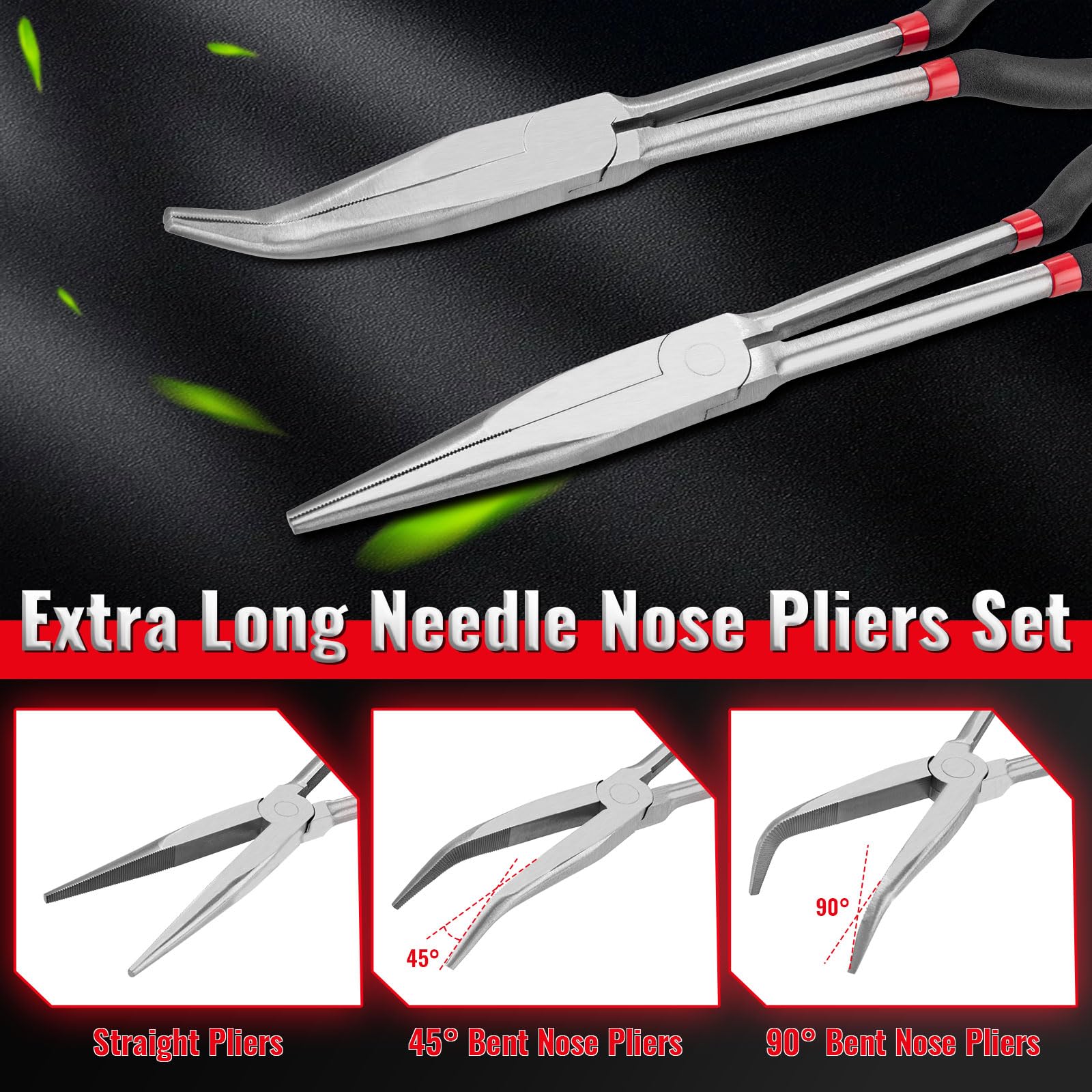 Set di pinze di precisione extra lunghe da 28 cm, 5 pezzi, dritte/piegate a 45°/90°, cerchi/diagonali, set di pinze a becco lungo con manici antiscivolo, ideali per spazi ristretti, piegatura di fili