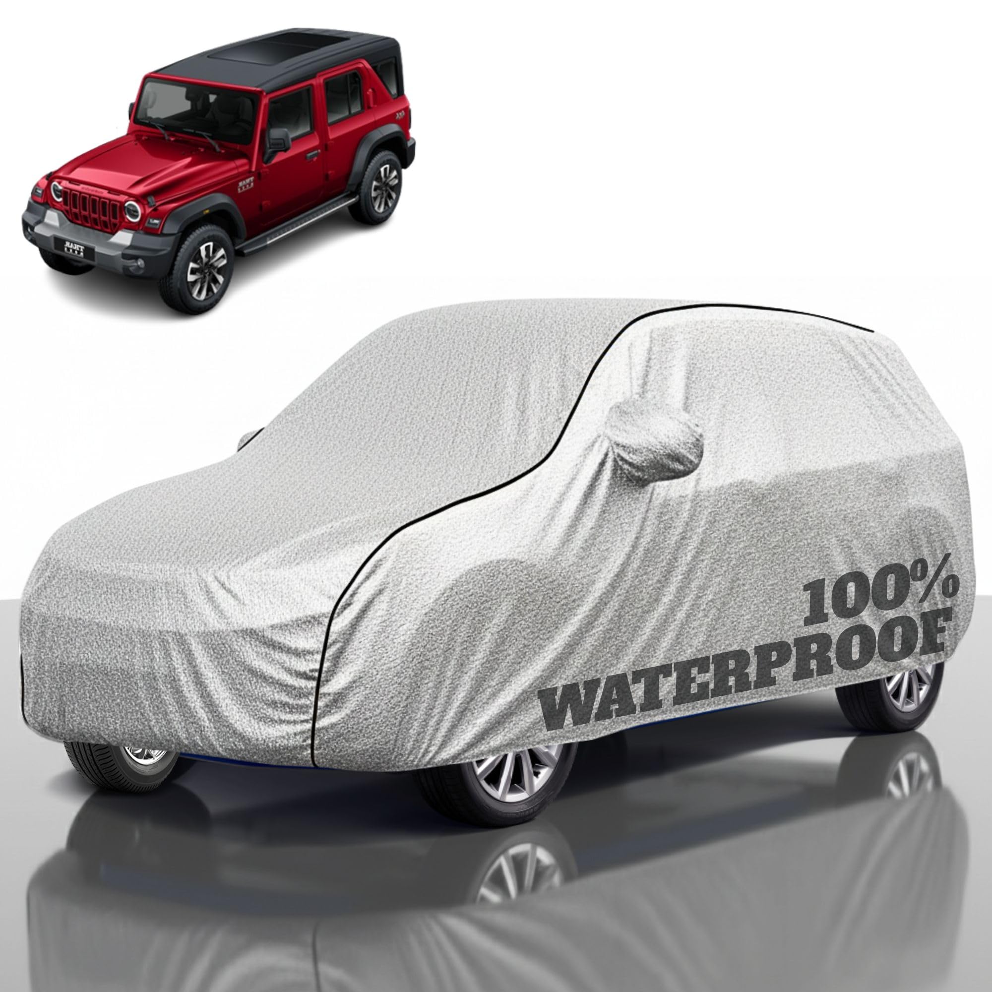 Premium Polyester Car Cover Thar Roxx All-Weather Protection from Rain, Dust &amp; Sun | UV Resistant Fabric | Full Body Secure Fit for Outdoor &amp; Indoor Parking Silver