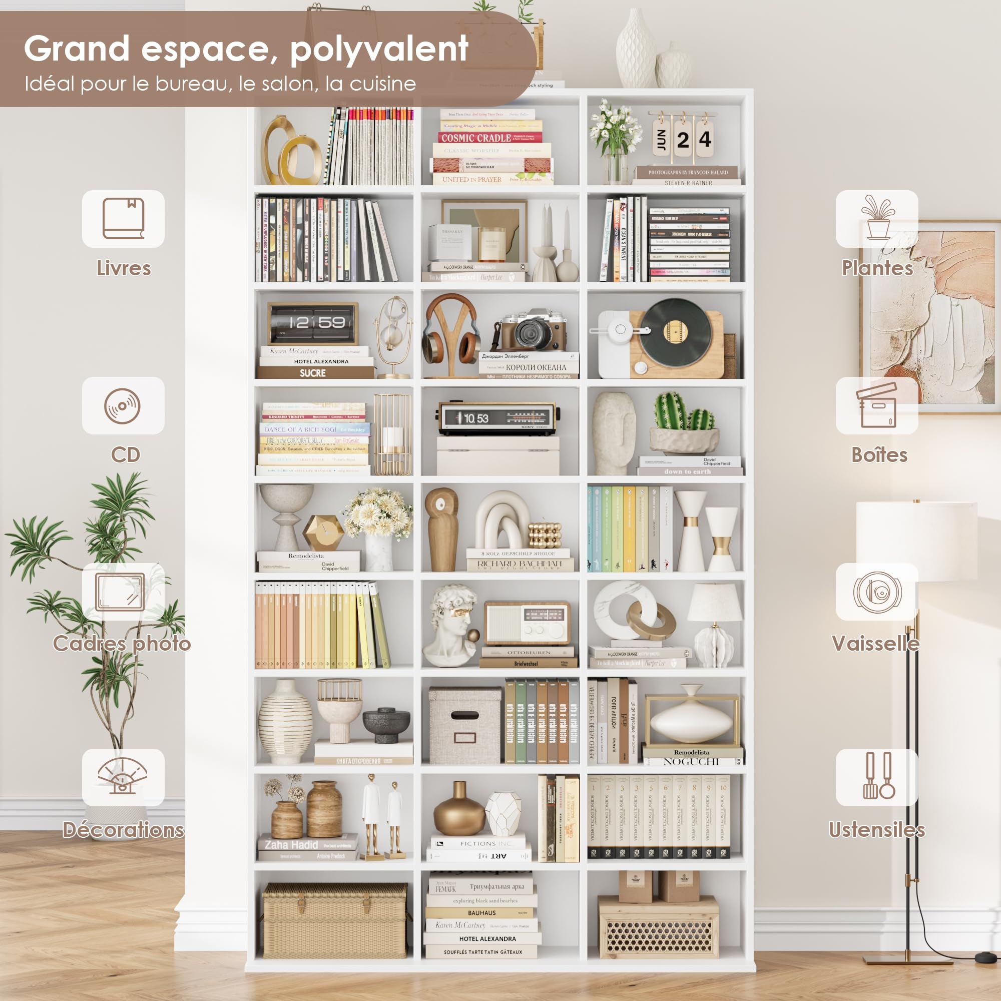 FirFurd Bibliothèque 190 cm Bibliotheque Meuble de Rangement avec 27 Étagères Bibliothèques pour Salon Bureau Cuisine Chambre Étagères Réglables 102.5x23.5x190cm