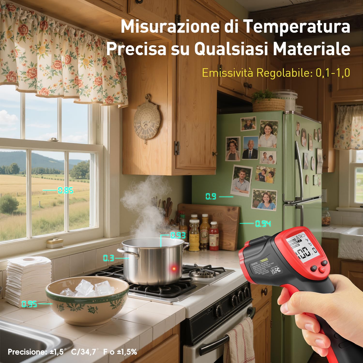 Eventek Termometro Cucina, -50 °C~600 °C (-58 °F~1112 °F) Termometro Infrarossi sonda per 304 Carne, Termometro Laser Senza Contatto Emissività Regolabile 0.1-1.0, Termometro per Cucina, Forno Pizza