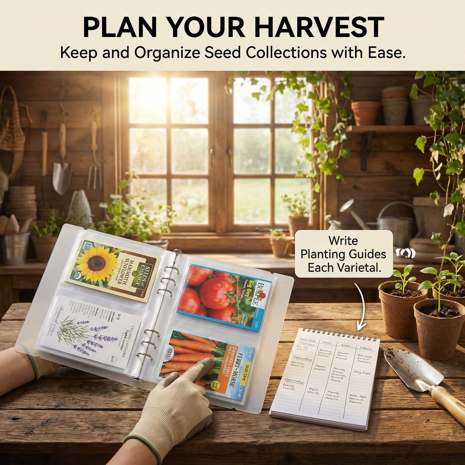 Carpeta organizadora de semillas con fundas de carga lateral, soporte transparente para libros de almacenamiento y almacenamiento de paquetes de plantas para guardar tu catálogo de jardín