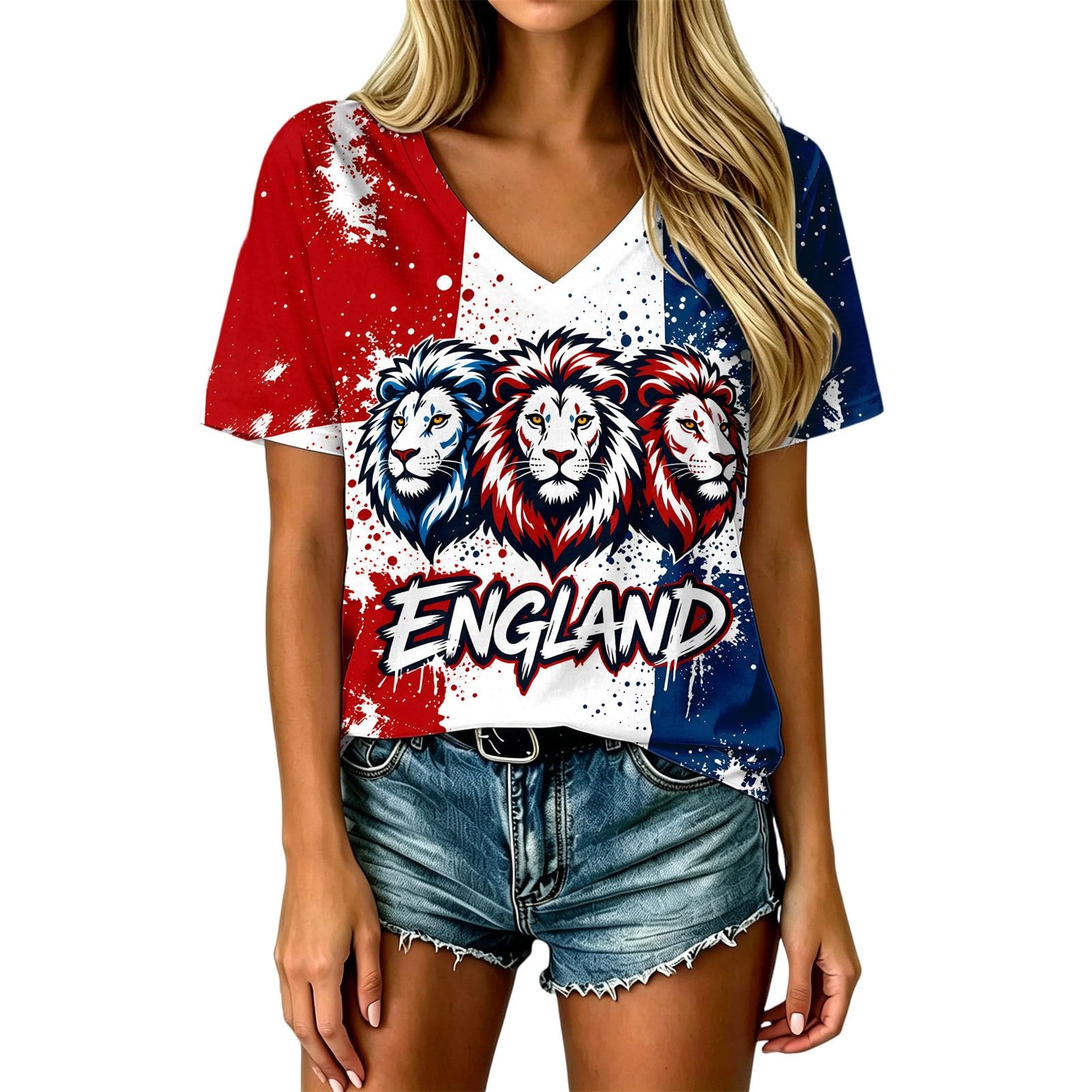 HOOUDO Womens England Football Shirt World Cup 2026 Short Sleeve Jersey Retro Graphic Printed V Neck Training Tops Breathable Lightweight Ladies Soccer T-Shirt Athletic Shirts