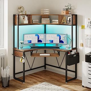 SEDETA Corner Desk, Small Computer Desk with Hutch & LED Lights, Triangl...