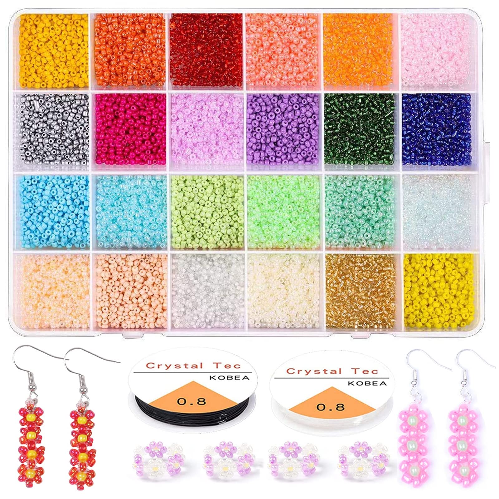 14400Pcs Glass Seed Beads 2mm Glass Beads Small Craft Beads Pony Seed Beads for Jewelry Making, with Tweezers and Elastic String for DIY Bracelet Necklaces Crafting, 24 Color