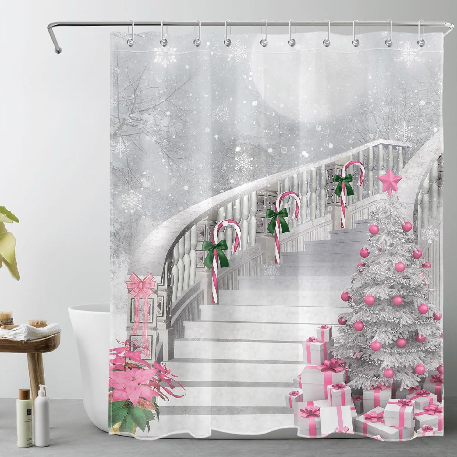 LB Merry Christmas Shower Curtain Sets with Non-Slip Rugs Red Xmas Balls on Christmas Tree Shower Curtain Set for Bathroom Winter Snowflake Candy Cane on Stairs Bathroom Decor Sets, 72X72 Inch