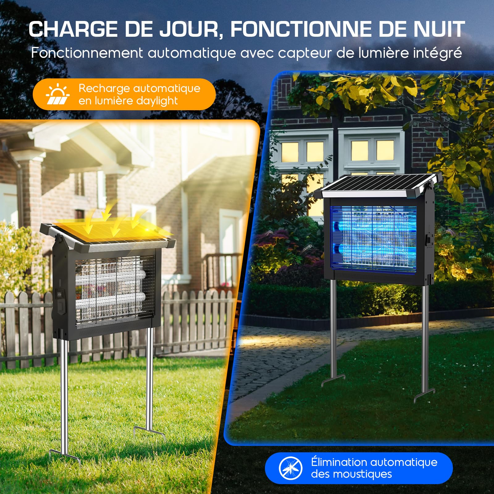 Lámpara Antimosquitos Solar 4500V, Mata Moscas Eléctrico Exterior con Sensor en el Panel, Anti Mosquitos Impermeable, Ideal para Patio, Jardín y Camping (Negro)