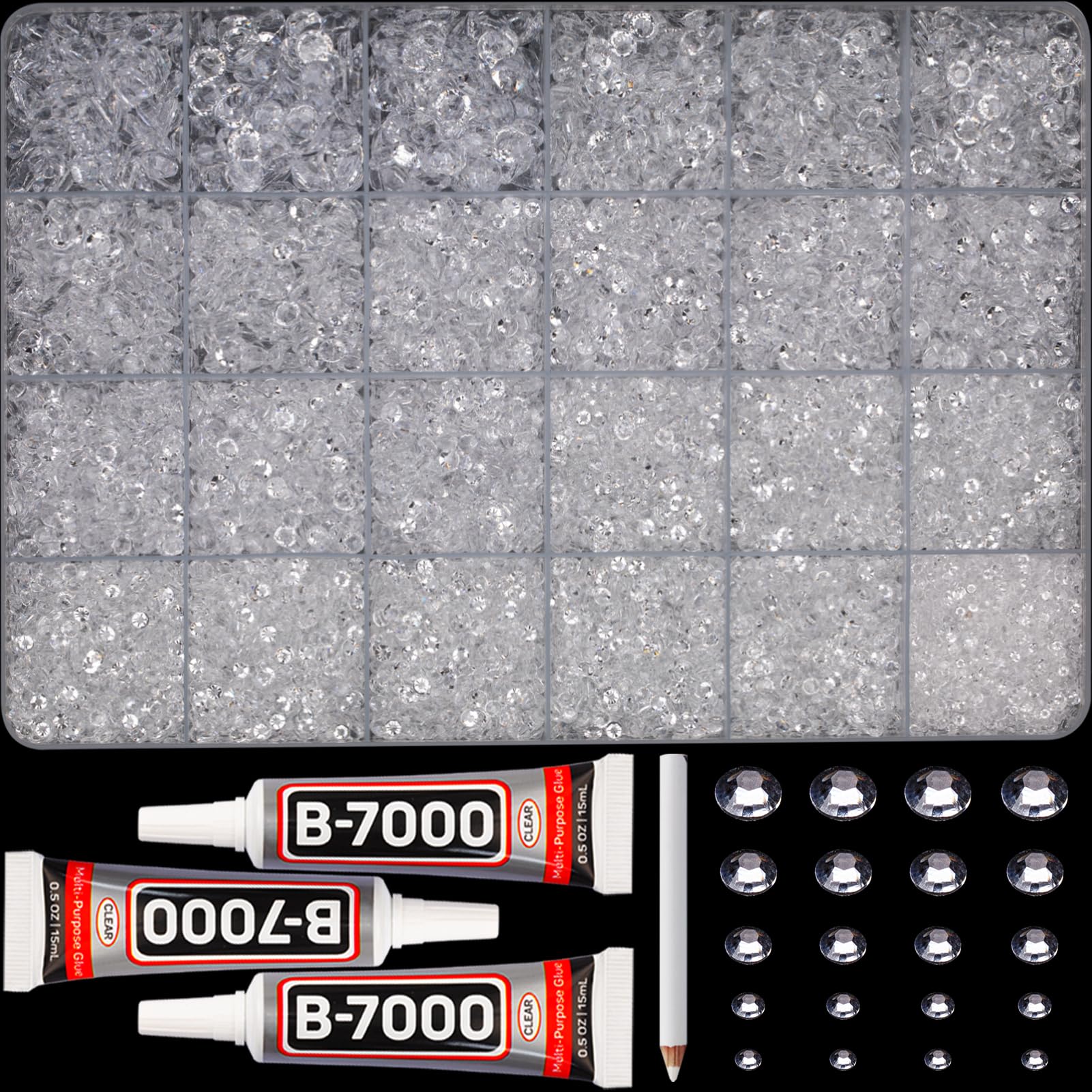 33000Pcs Clear Transparent Resin Rhinestones for Bedazzling, 2-6mm Mixed Sizes Clear Flatback Bedazzle Gems with B7000 Glue, Bedazzler Kit for Crafts