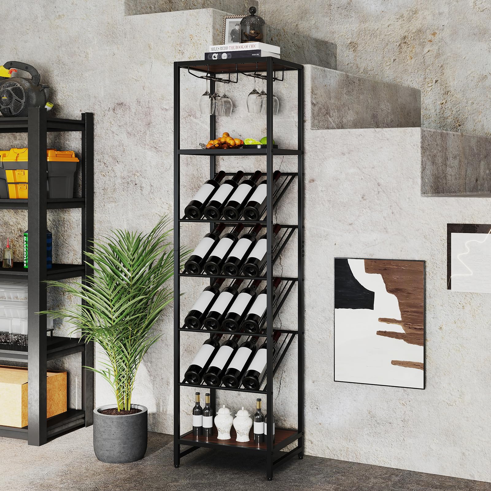 COSTWAY Portabottiglie da Terra a 7 Livelli, Cantinetta Portabottiglie di Vino con Portabicchieri e Piano d'Appoggio, per 16 Bottiglie, Scaffale Espositivo per Vino per Bar, Cucina e Sala da Pranzo