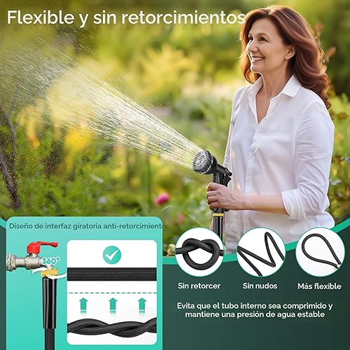Miniatura 5 de Manguera de jardín de 100 pies, no expandible, manguera ligera con boquilla de 8 funciones, a prueba de fugas, sin nudos, fácil de transportar,