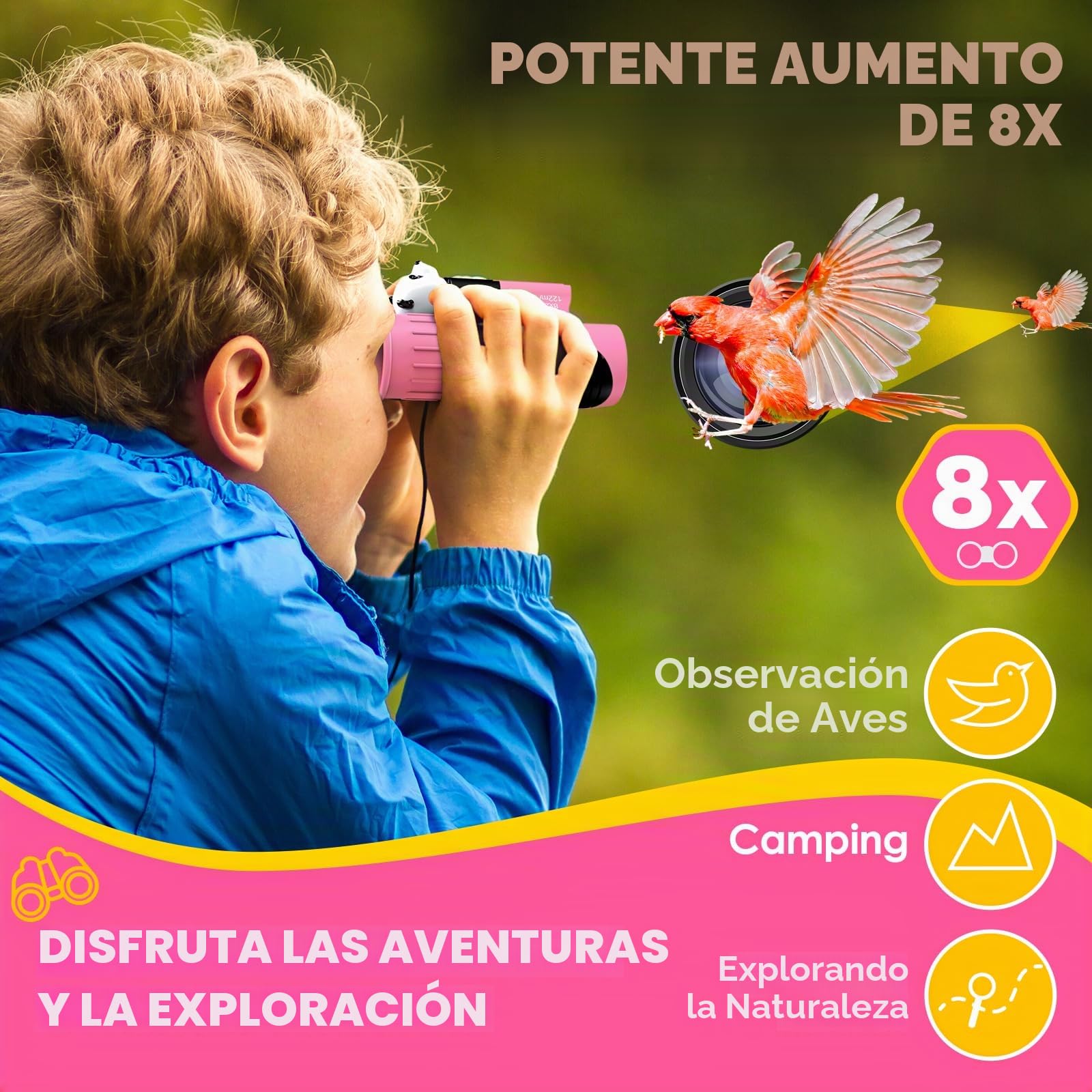 Prismáticos para niños de 8x21 Pulgadas, óptica Real de Alta resolución, Juego con Lupa y brújula de Silbato, prismáticos para niños de 3 a 12 años, Viajes, exploración de la Naturaleza (Rosa)