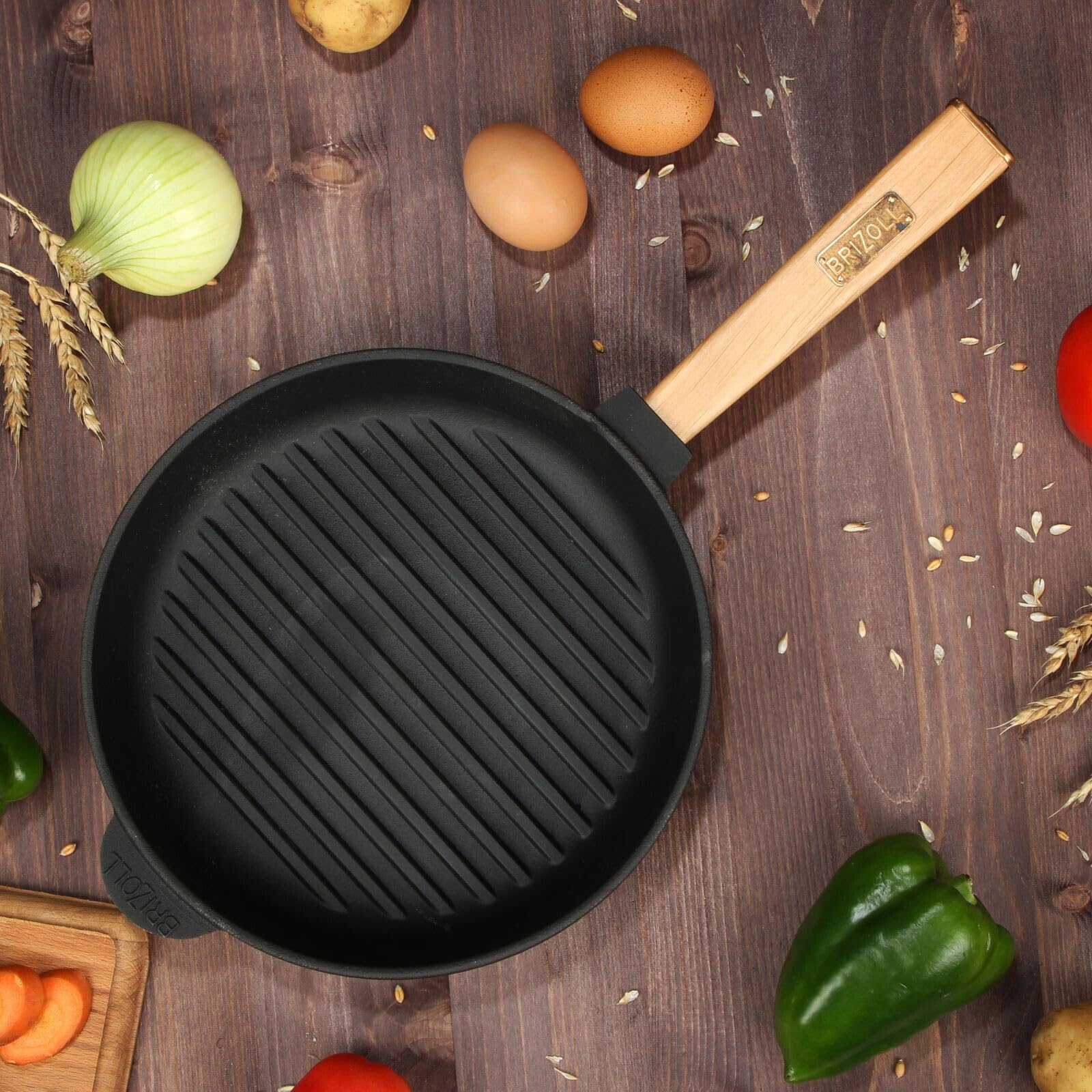 Ø28cm Grillpfanne Gusseisen mit Pressdeckel Glasdeckel Pfannenwender Induktion Holzgriff Bratpfanne Pfanne Feuerpfanne