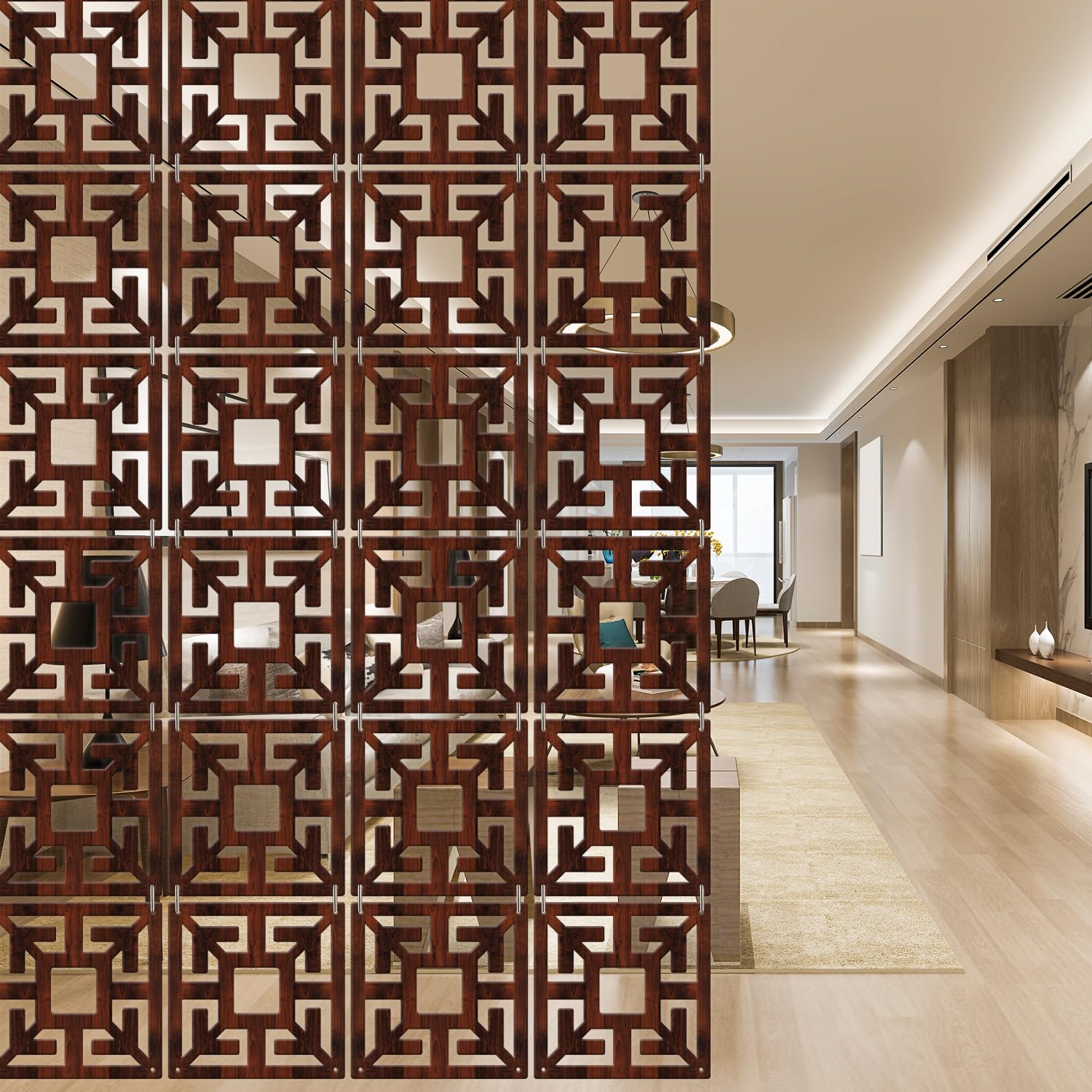 OLIVE TREE Room Partitions Hanging Room Divider Panel Modern Hanging Screen Partition for Decorating Bedding, Dining, Study and Sitting Living Room - Walnut (11.5inch X 11.5 inch) X 12 Panels 7061-image-27