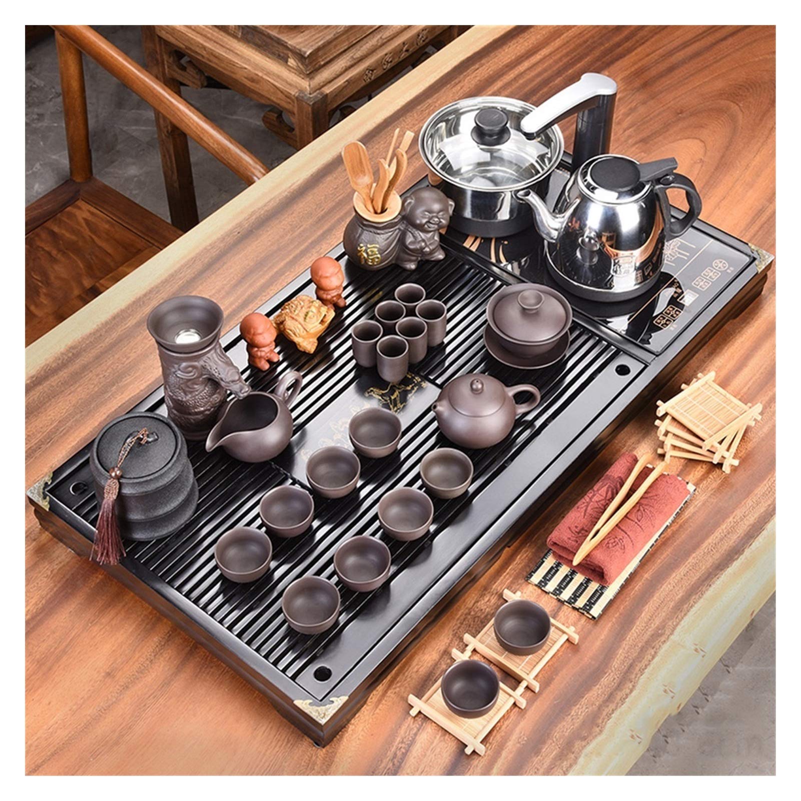 DFGHNBVC Tea Set, Chinese Ceramic Kung Fu Tea Set With Tea Tray And Small Tea Tools, Gongfu Tea Tray Tea Service, With Automatic Water Heater, Tea Cup, Tea Bowl,70X40X6Cm