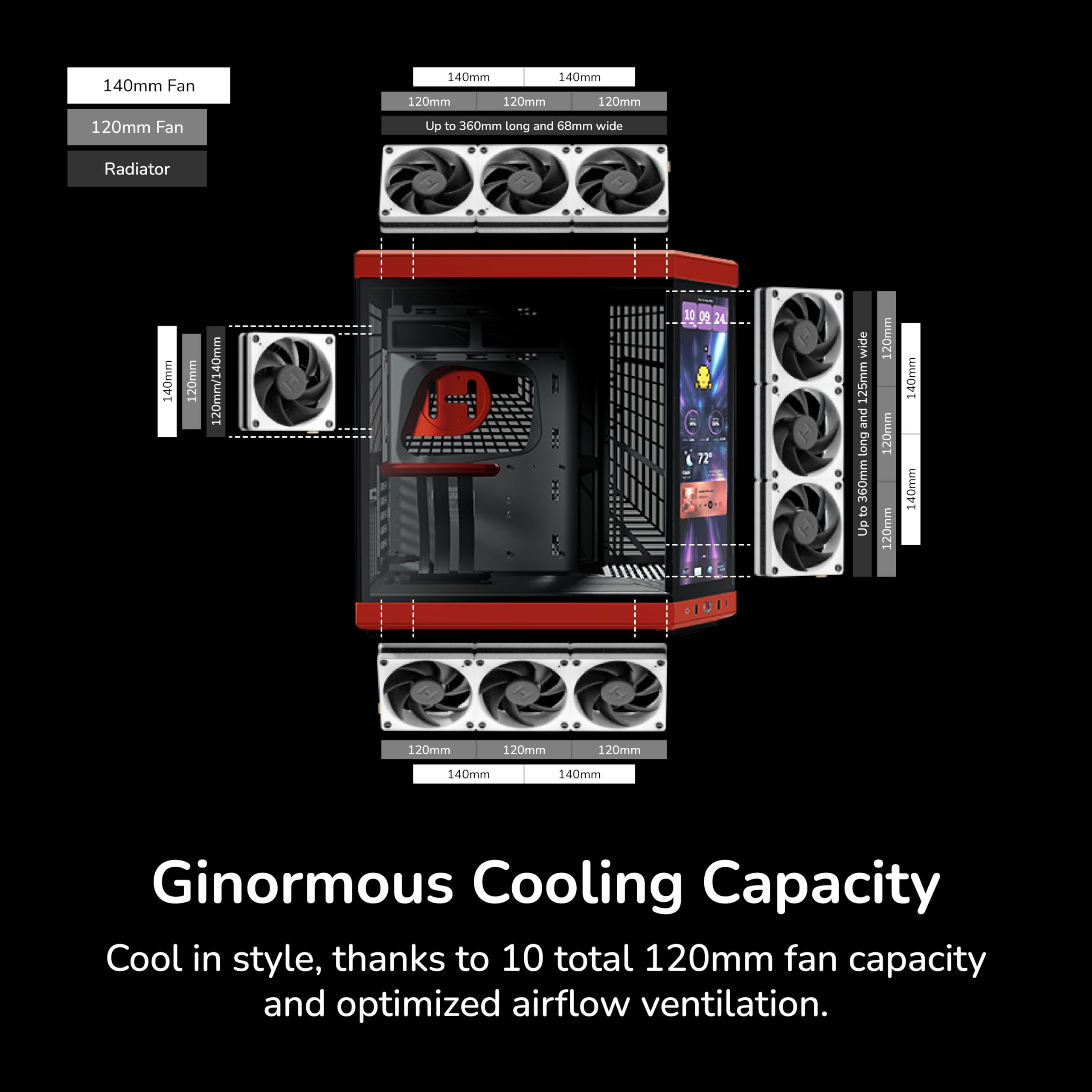 Hyte Y70 Touch Infinite Dual Chamber ATX Mid Tower Modernes ästhetisches Gehäuse mit integriertem 2,5K LCD-Touchscreen - Black Cherry