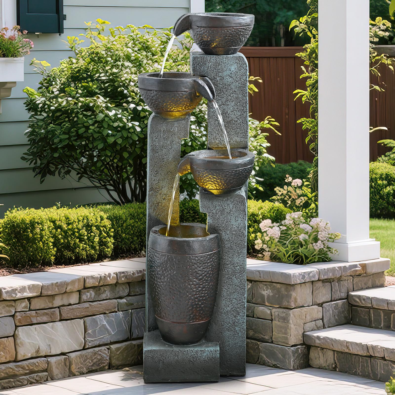 40" Inch Water Fountain Outdoor&Indoor 4-Tiers Large Outdoor Patio Decor Gray Garden Water Fountain for Outside Waterfall with LED Light&Pump Resin Modern Floor-Standing Water Feature Outdoor