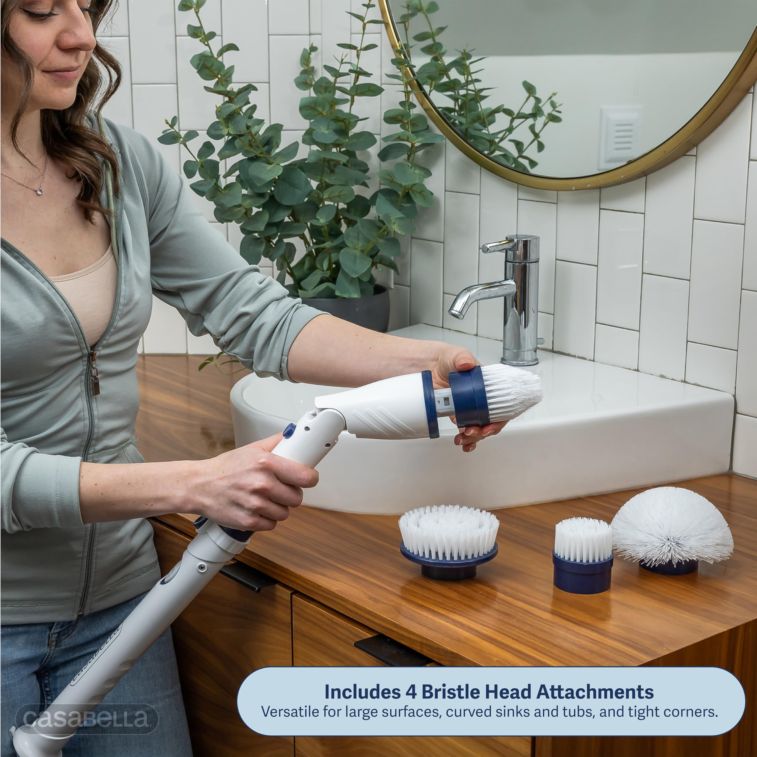 Casabella Power Spin Scrubber allungabile fino a 120,7 cm – Pulitore elettrico senza fili per doccia, cucina, bagno, piastrelle, vasca, auto, ponte – Spazzola rotante ricaricabile con testina